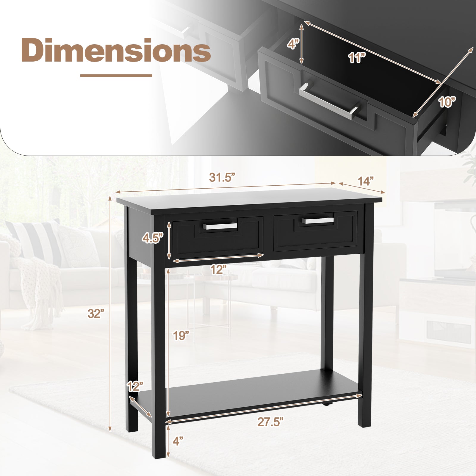 Narrow Console Table with Drawers and Open Storage Shelf-Black