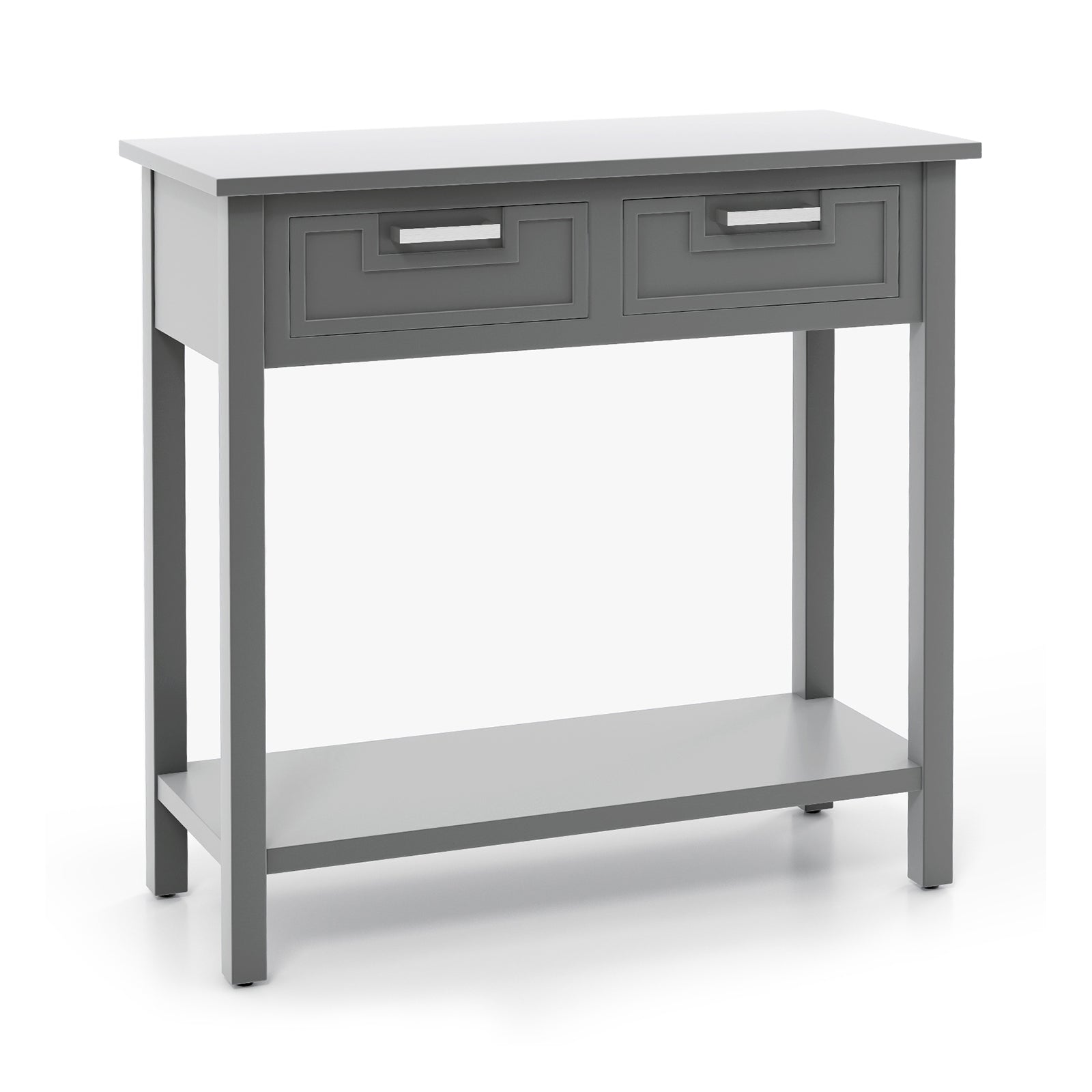 Narrow Console Table with Drawers and Open Storage Shelf-Gray