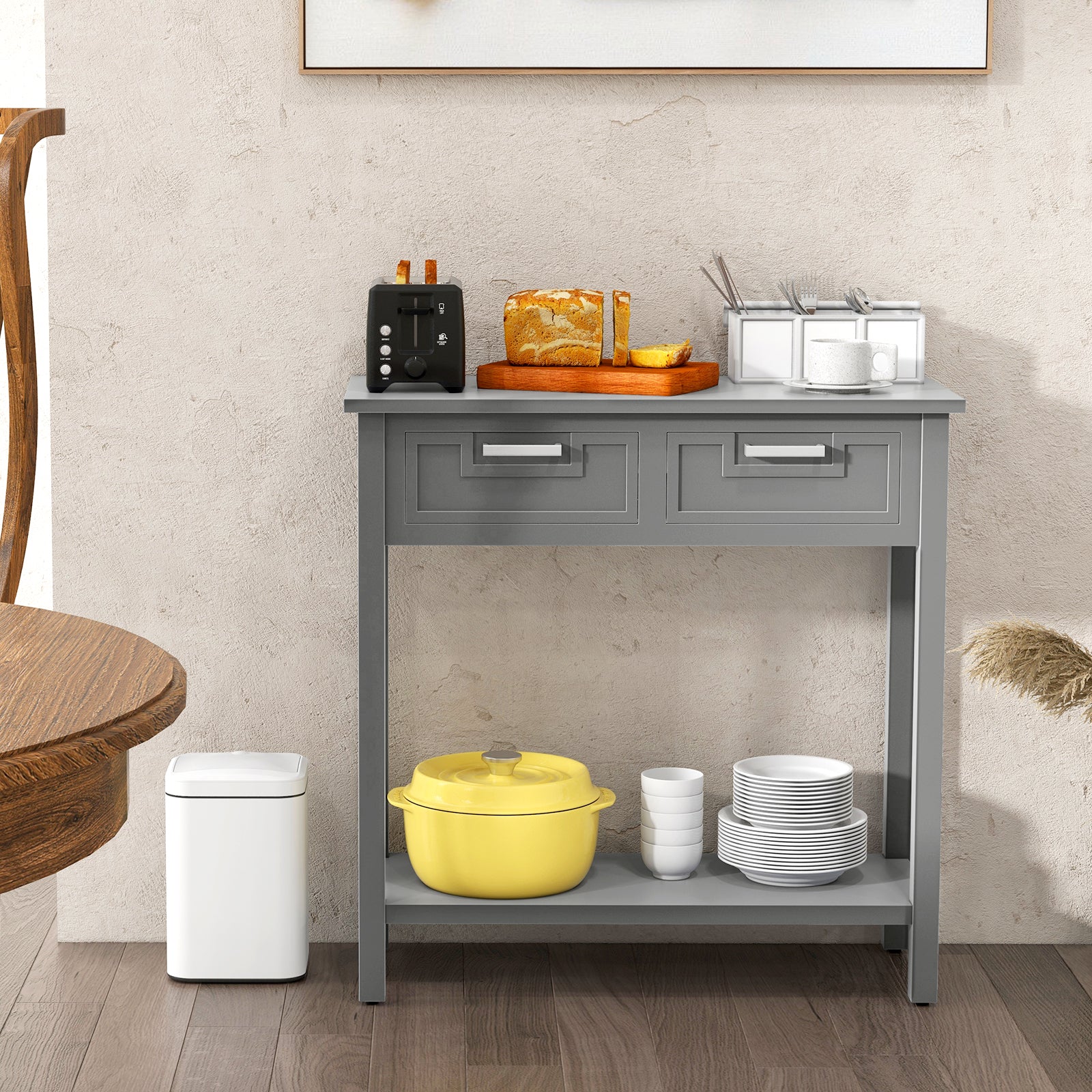 Narrow Console Table with Drawers and Open Storage Shelf-Gray