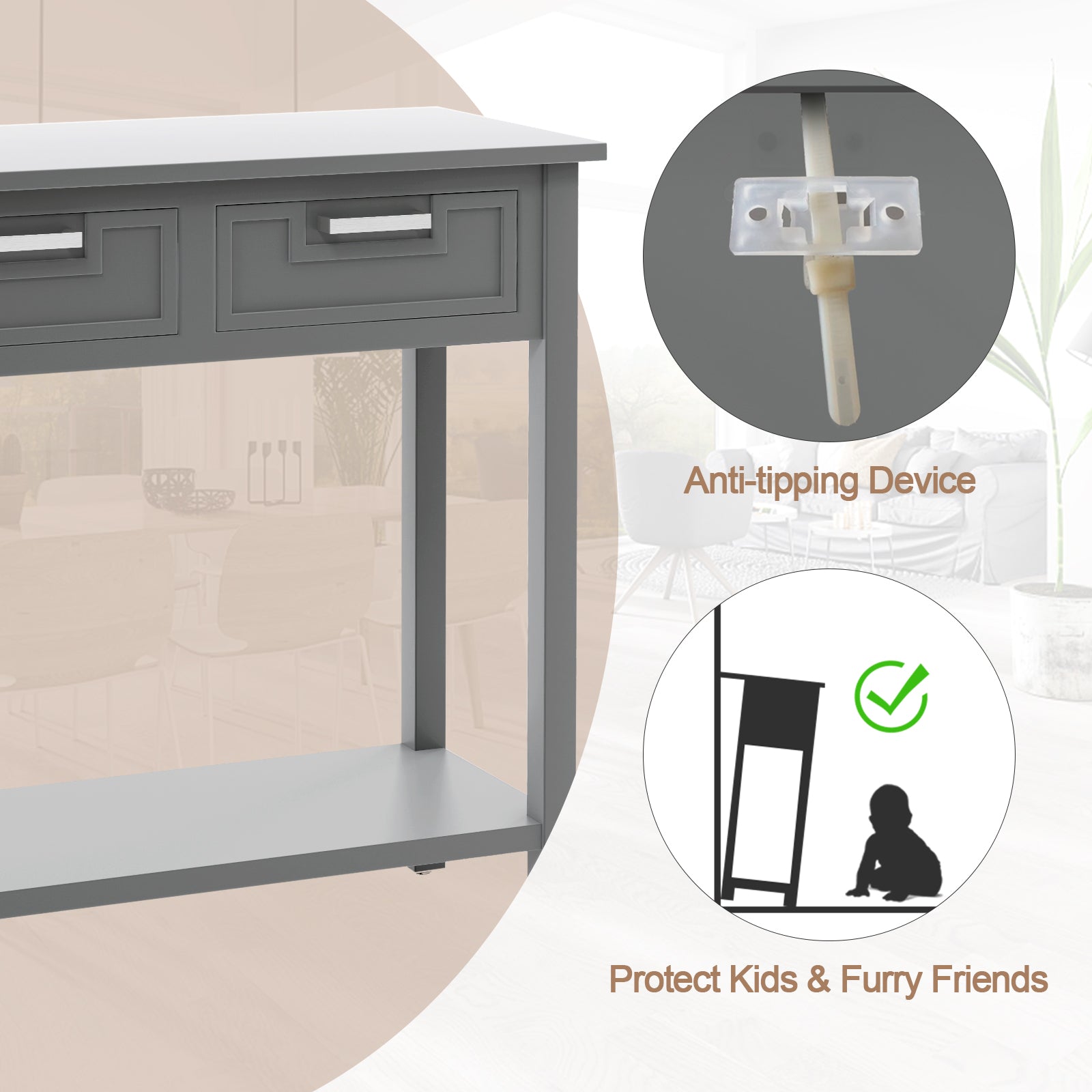 Narrow Console Table with Drawers and Open Storage Shelf-Gray