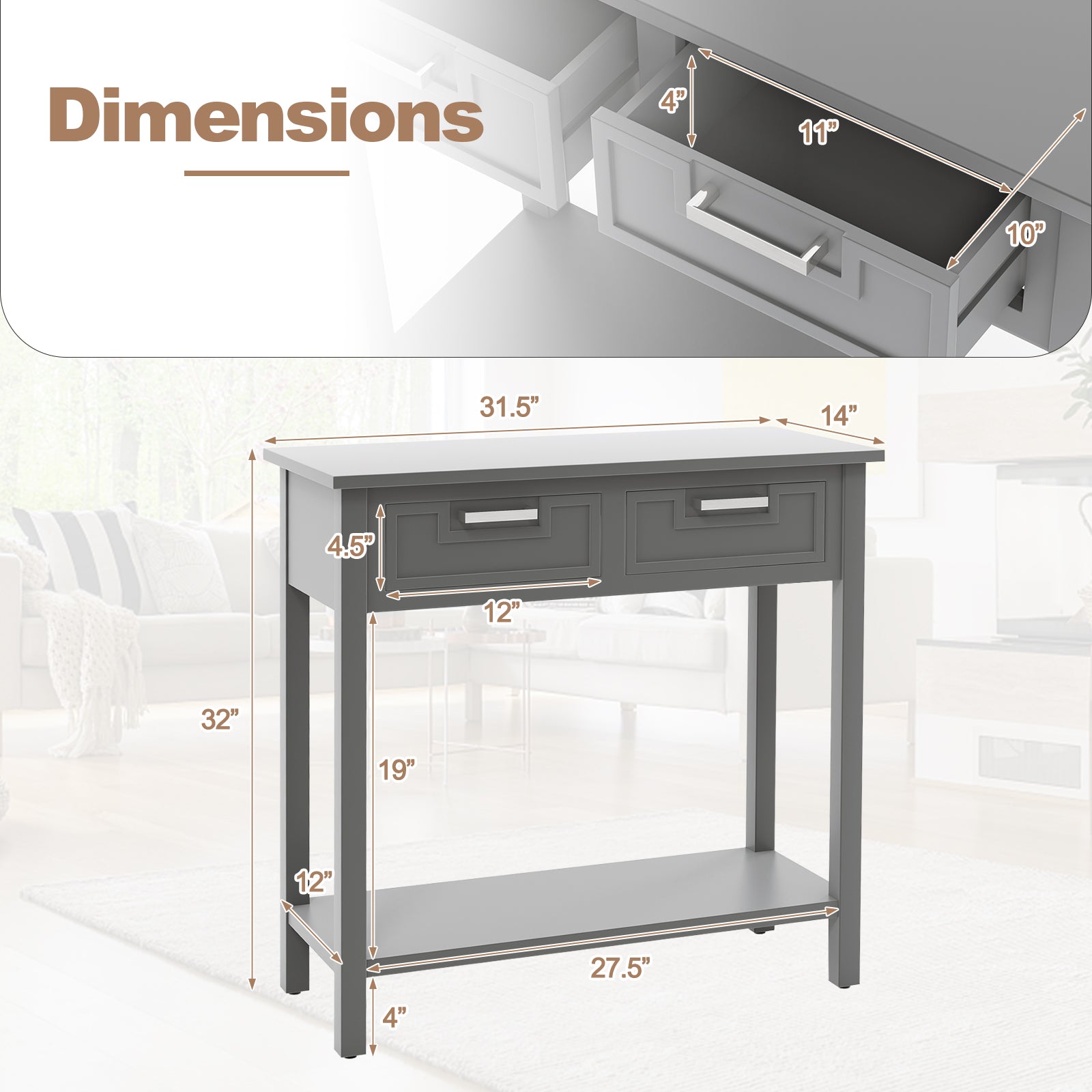 Narrow Console Table with Drawers and Open Storage Shelf-Gray