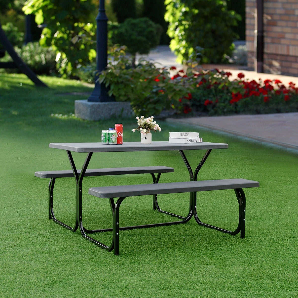 HDPE Outdoor Picnic Table Bench Set with Metal Base-BlackÂ