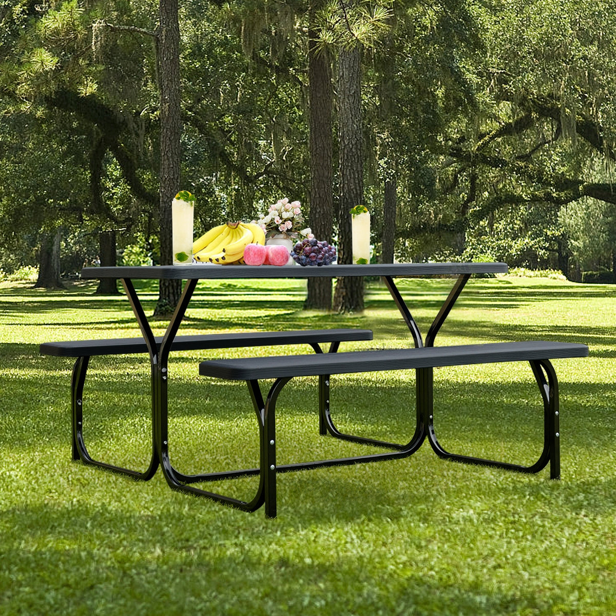 HDPE Outdoor Picnic Table Bench Set with Metal Base-BlackÂ