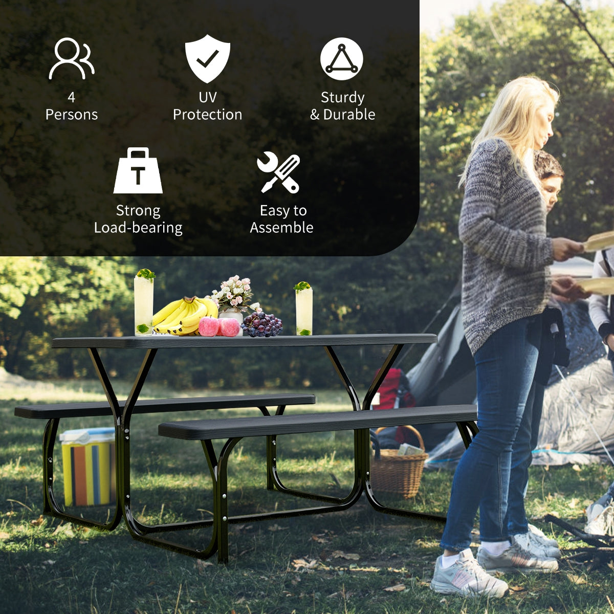 HDPE Outdoor Picnic Table Bench Set with Metal Base-BlackÂ