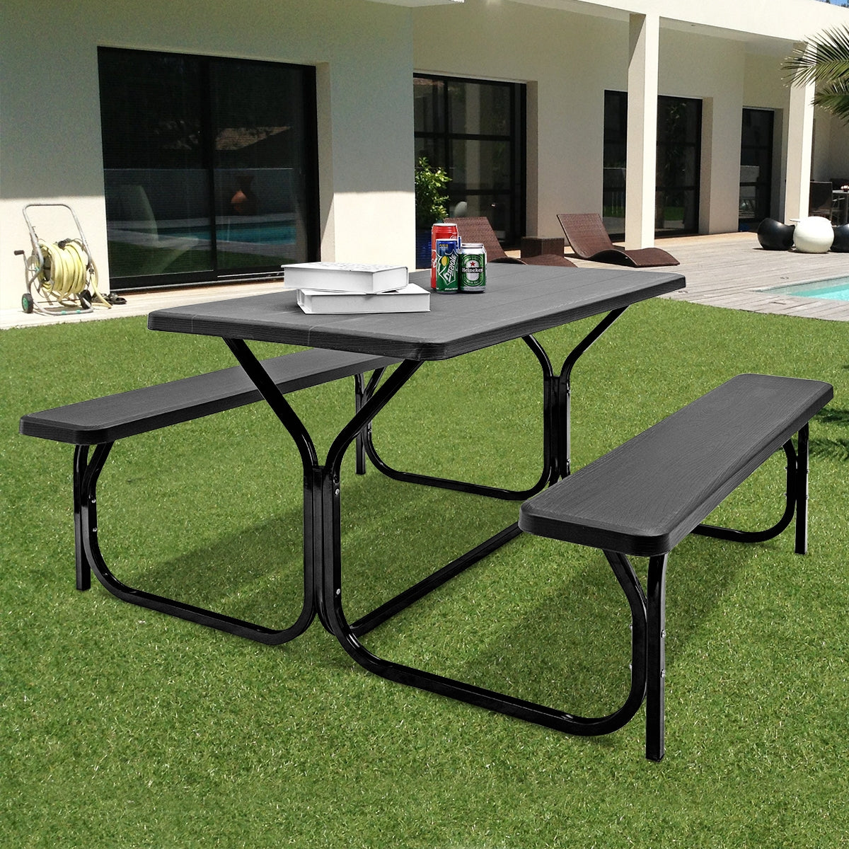 HDPE Outdoor Picnic Table Bench Set with Metal Base-BlackÂ