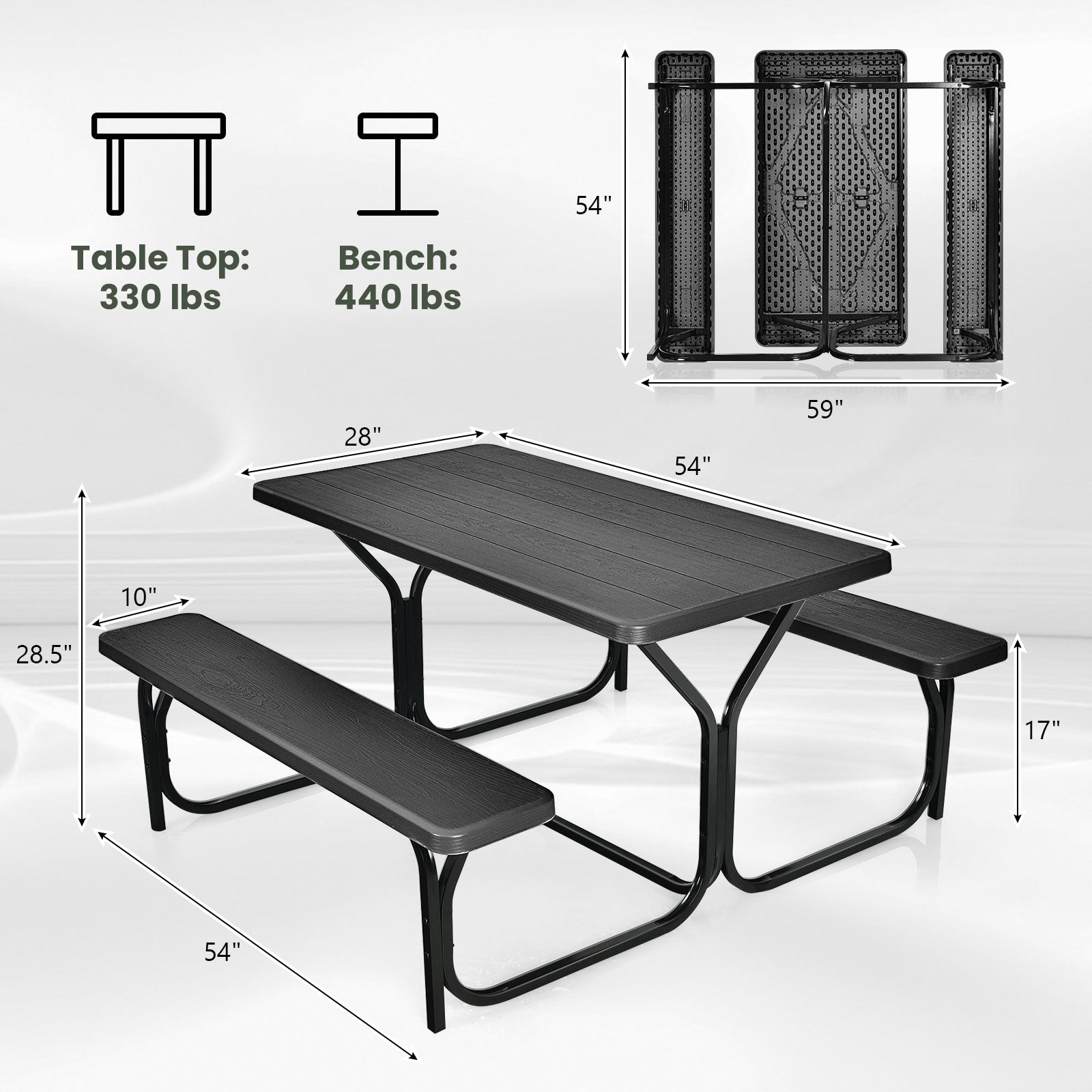 HDPE Outdoor Picnic Table Bench Set with Metal Base-BlackÂ