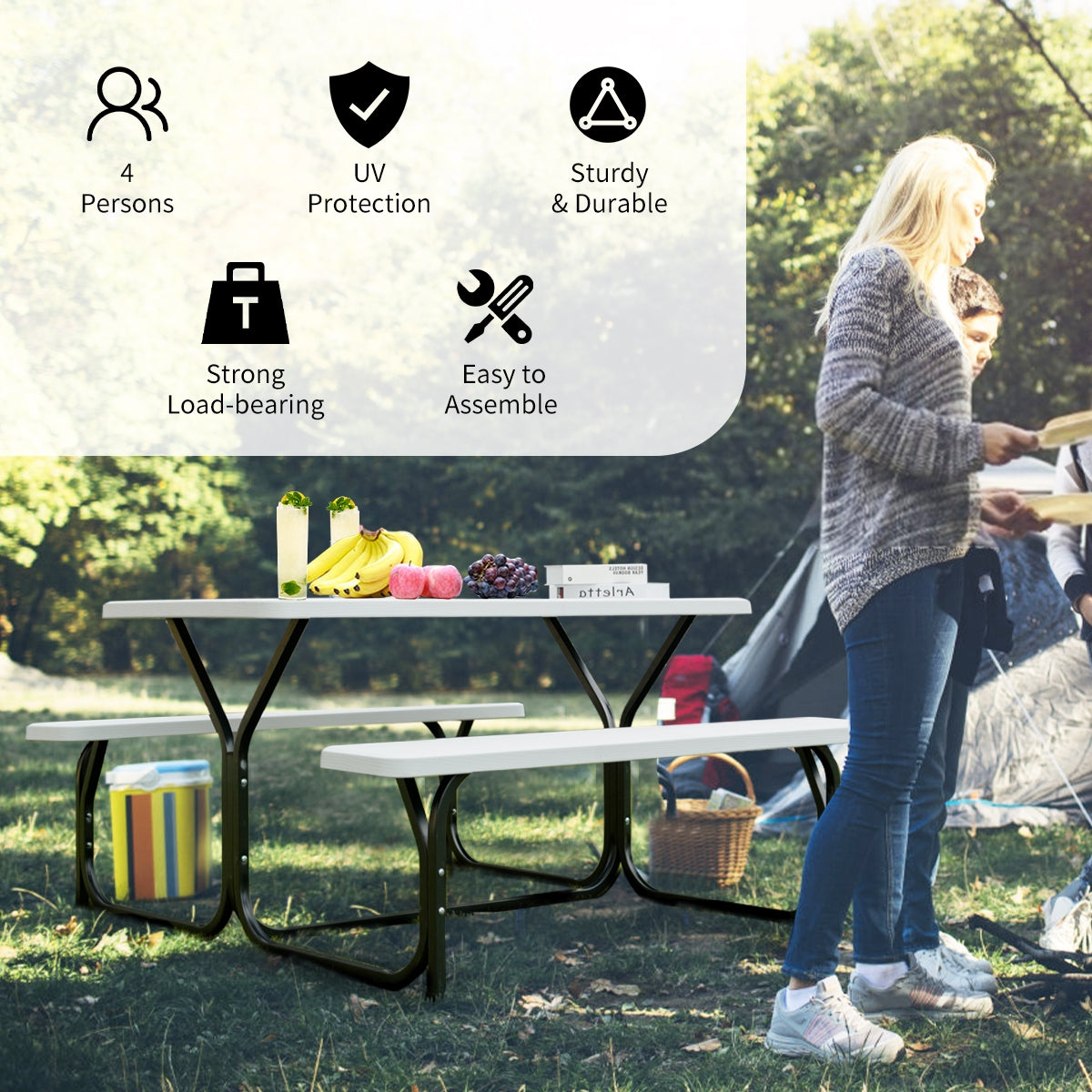 Picnic Table Bench Set for Outdoor Camping -WhiteÂ