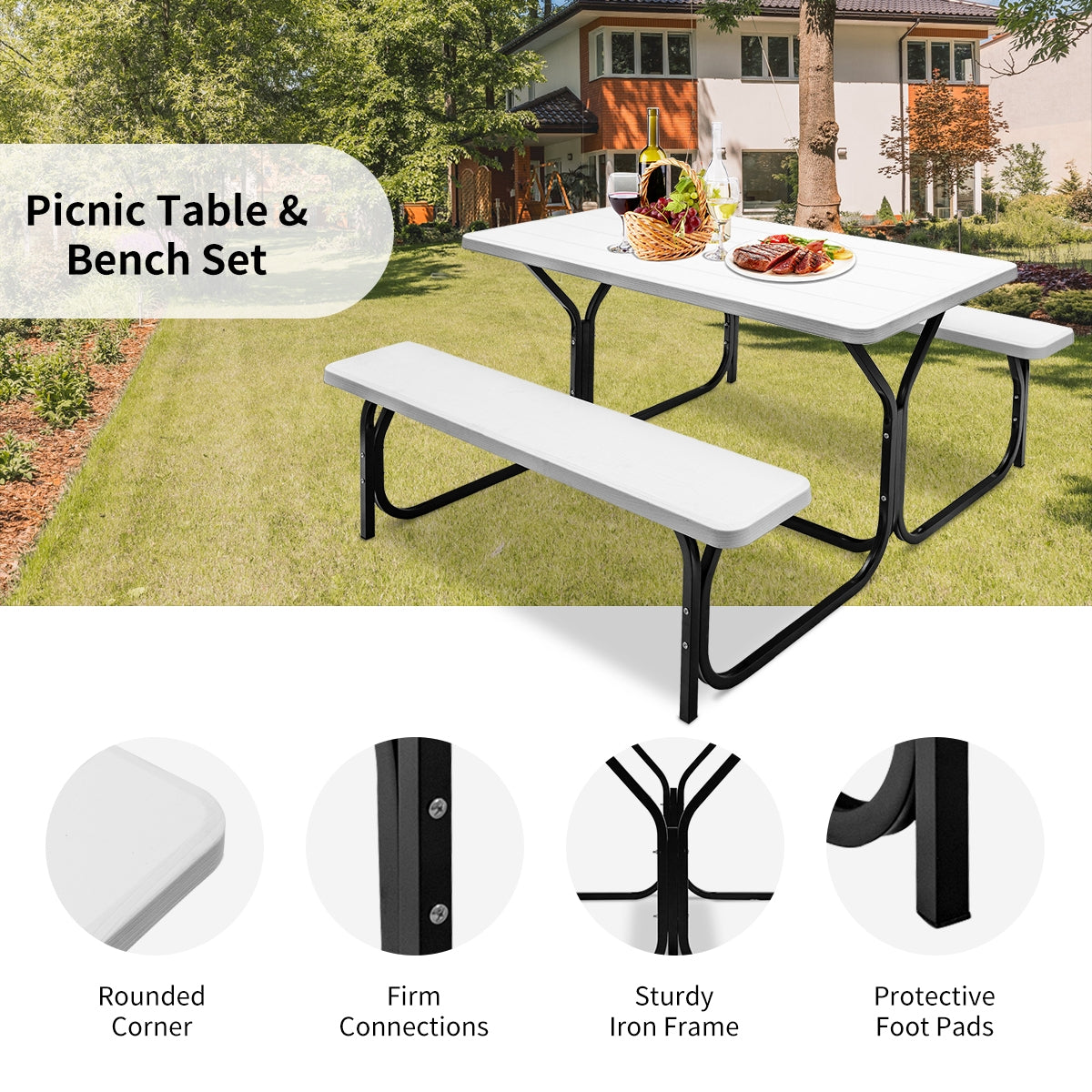 Picnic Table Bench Set for Outdoor Camping -WhiteÂ