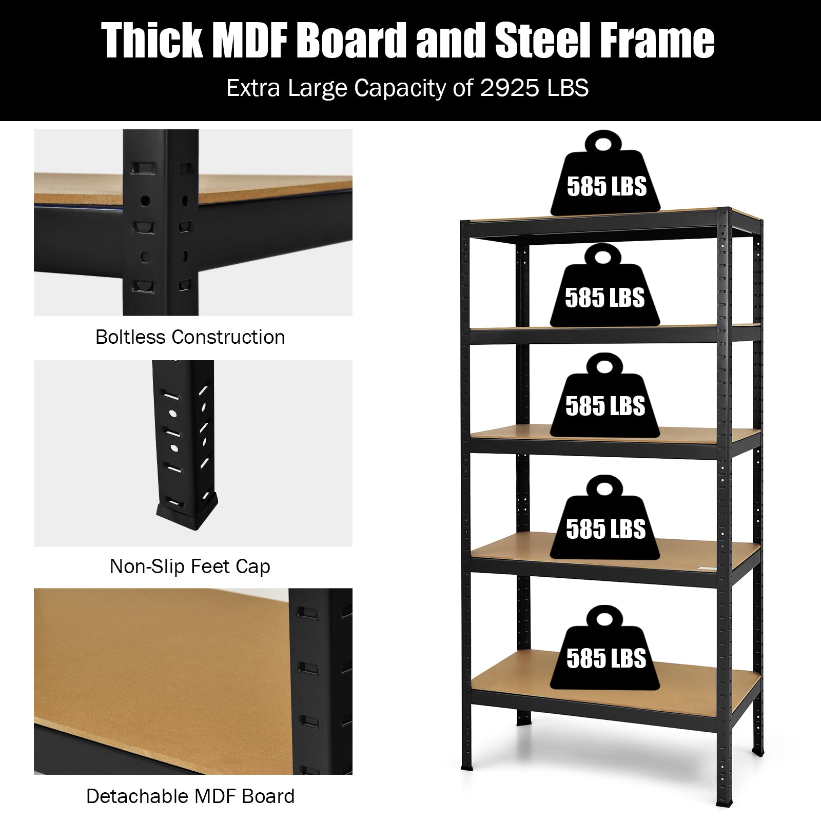 71 inch Heavy Duty Steel Adjustable 5 Level Storage Shelves-BlackÂ