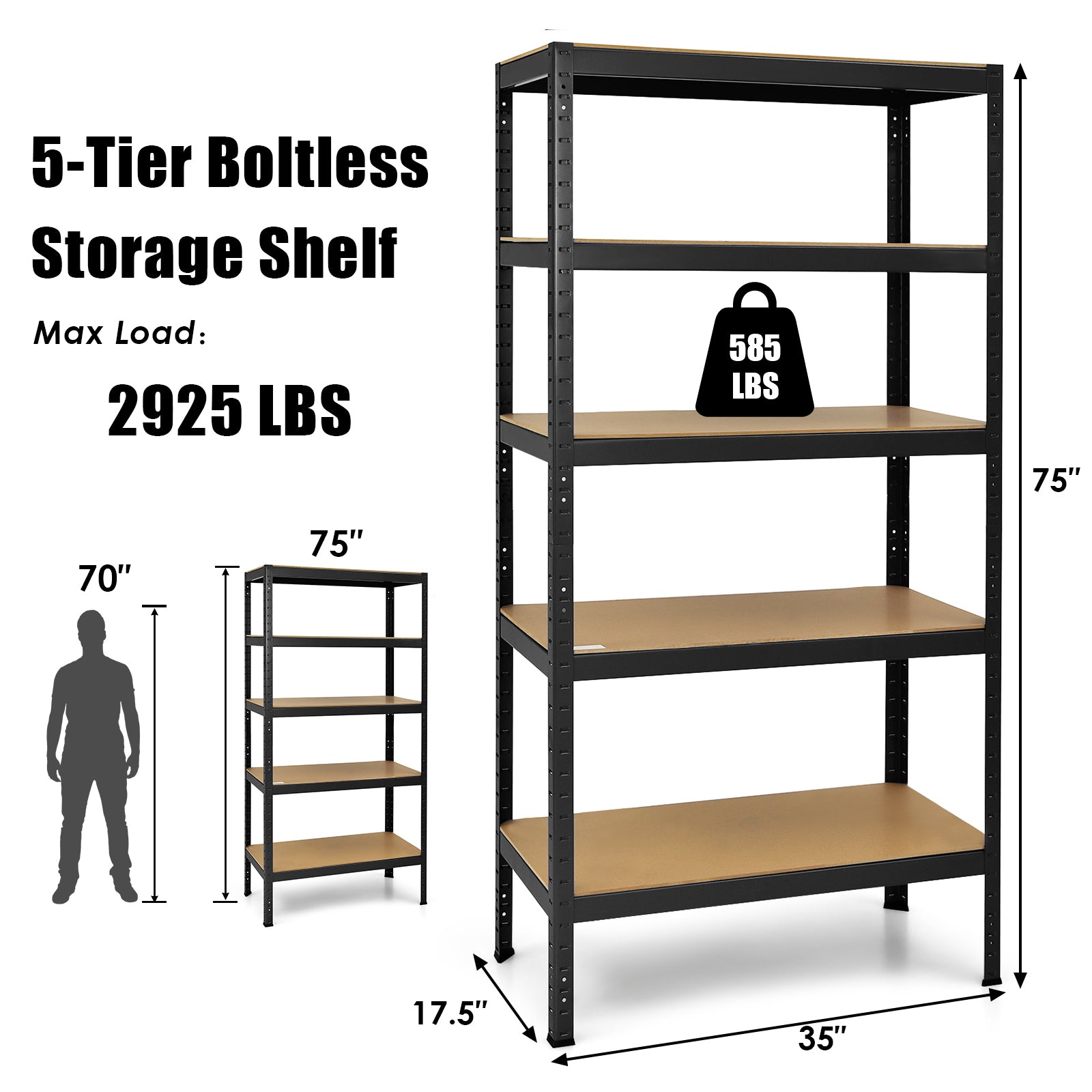 71 inch Heavy Duty Steel Adjustable 5 Level Storage Shelves-BlackÂ