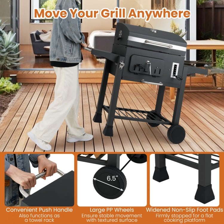 24-Inch Barrel Charcoal Grill with 2 Folding Side Tables and 544 sq.in Cooking Area