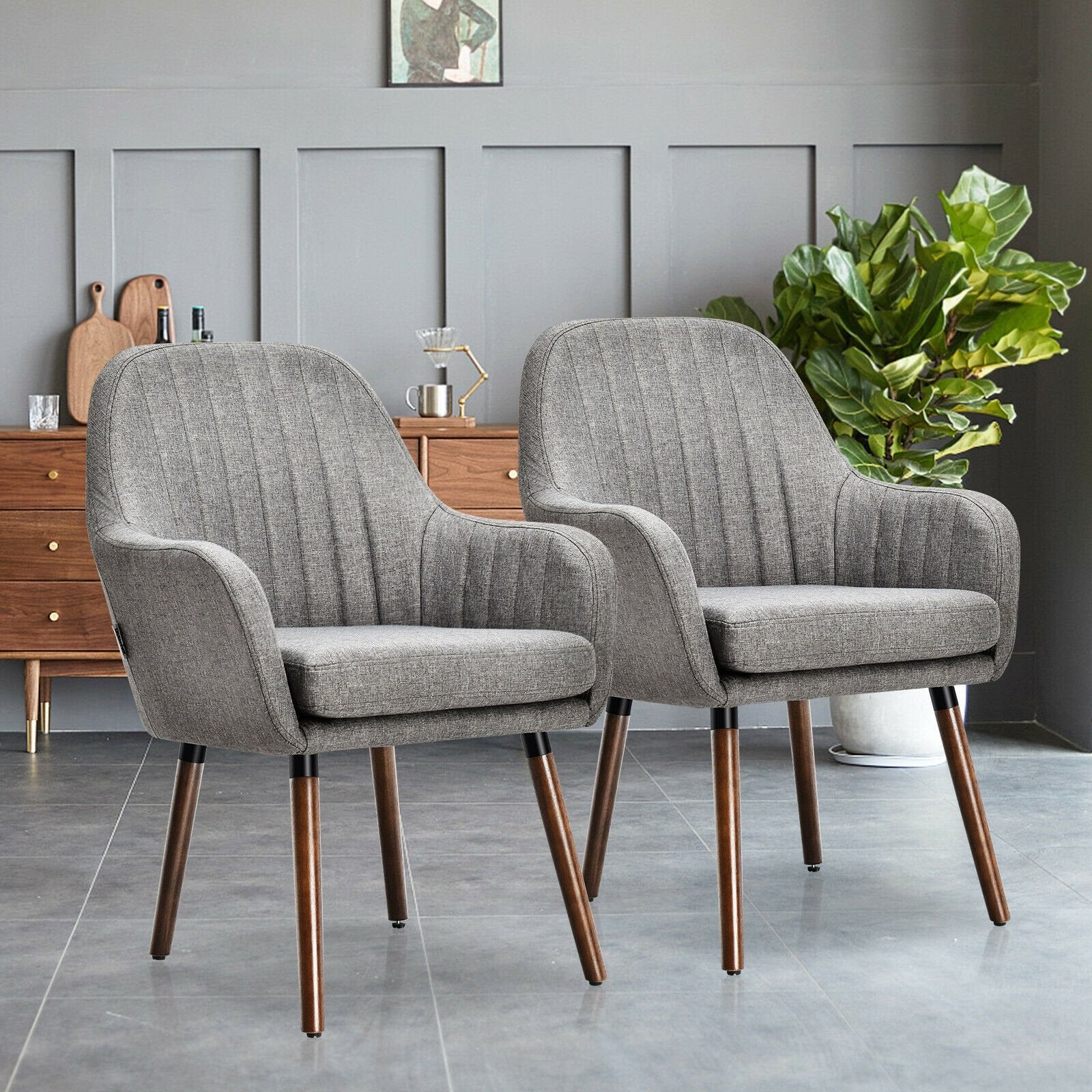 Set of 2 Fabric Upholstered Accent Chairs with Wooden Legs-GrayÂ