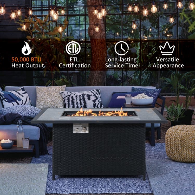 52 Inch Rattan Wicker Propane Fire Pit Table with Rain Cover and Lava Rock