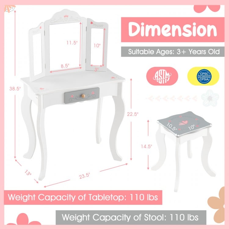 Kids Vanity Set with Tri-folding Mirror-White