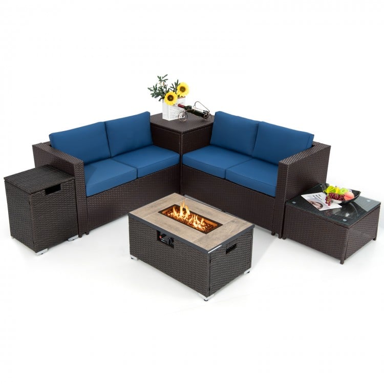 6 Pieces Outdoor Wicker Furniture Set with 32 Inch Propane Fire Pit Table