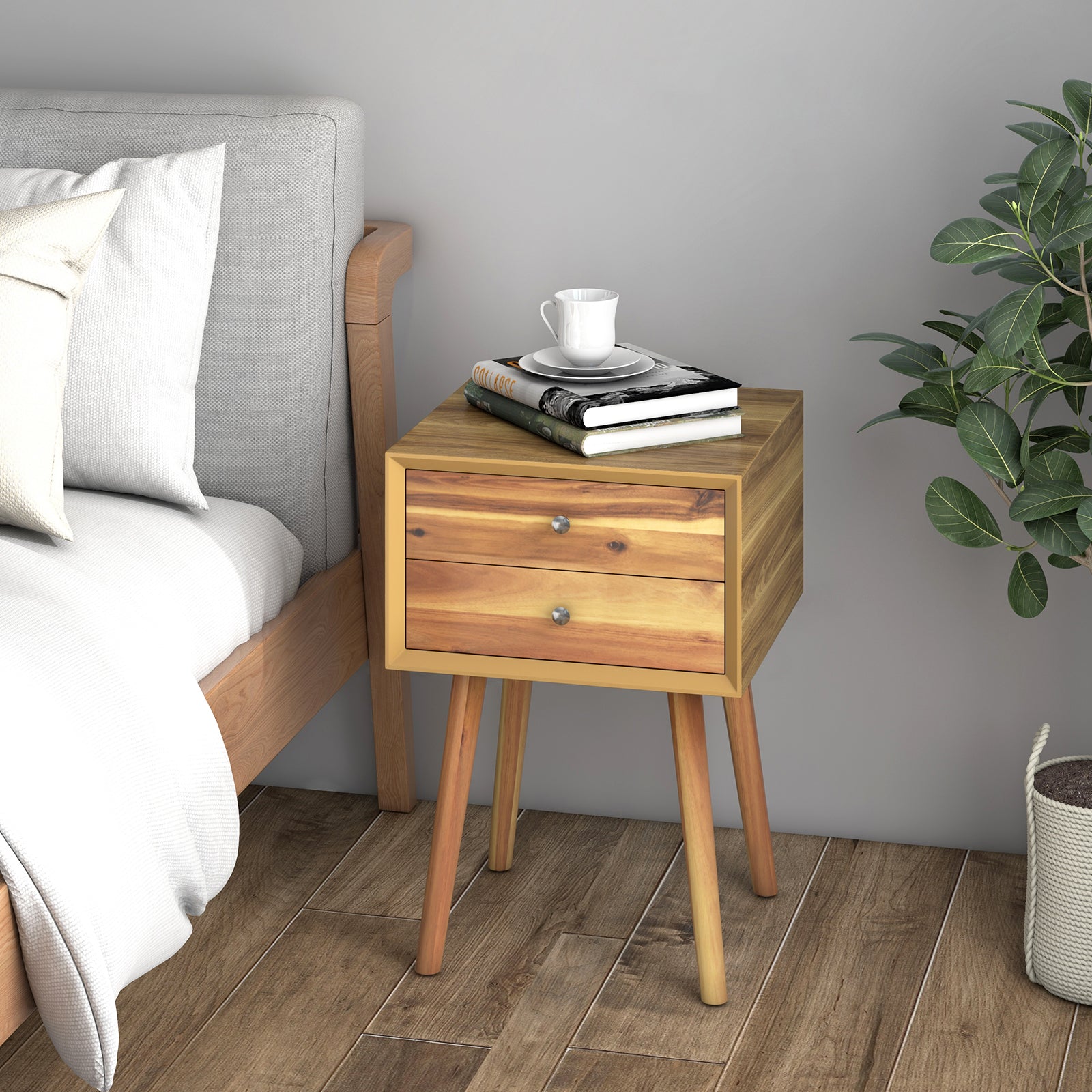 Wooden Nightstand Mid-Century End Side Table with 2 Storage Drawers-NaturalÂ
