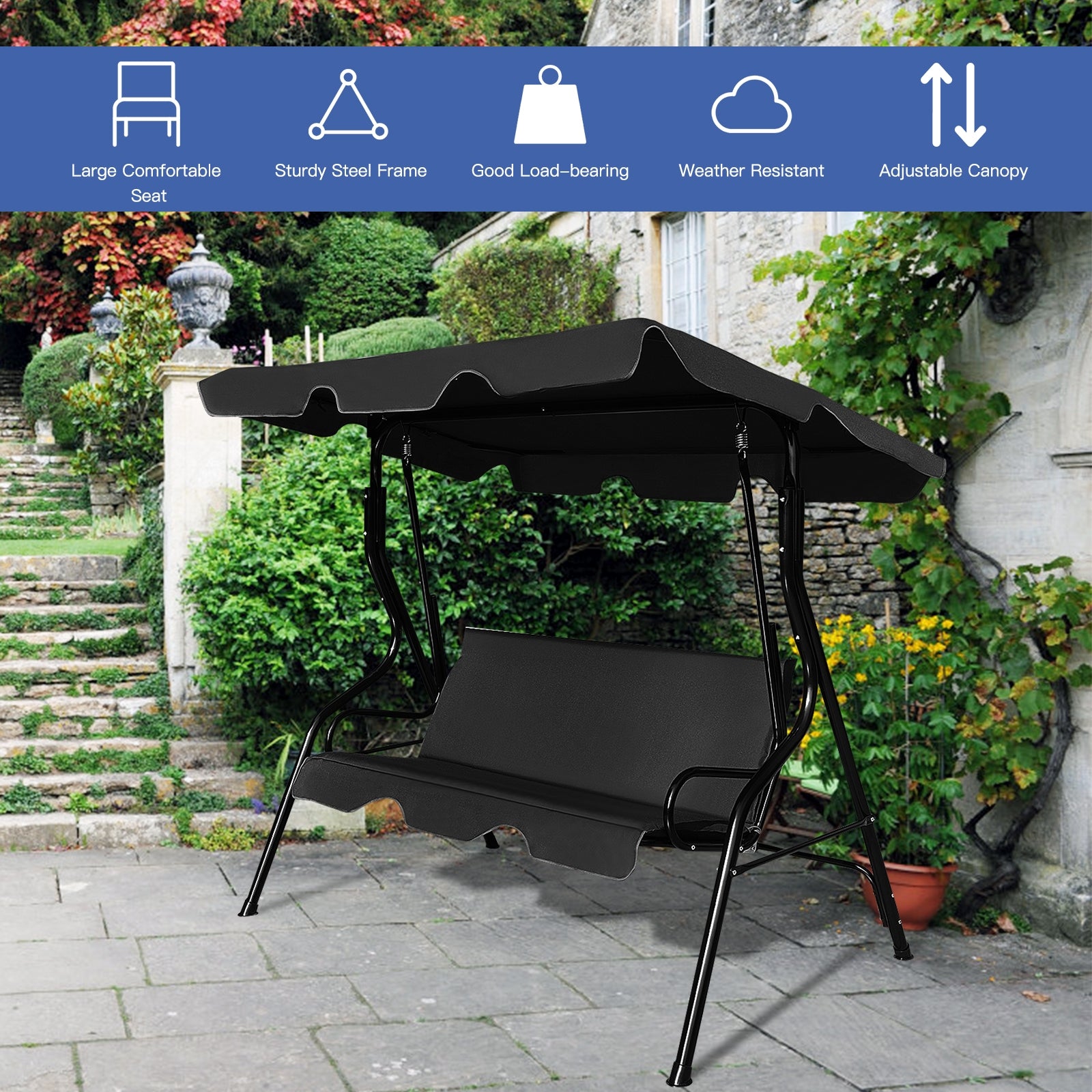 3 Seats Patio Canopy Swing-BlackÂ