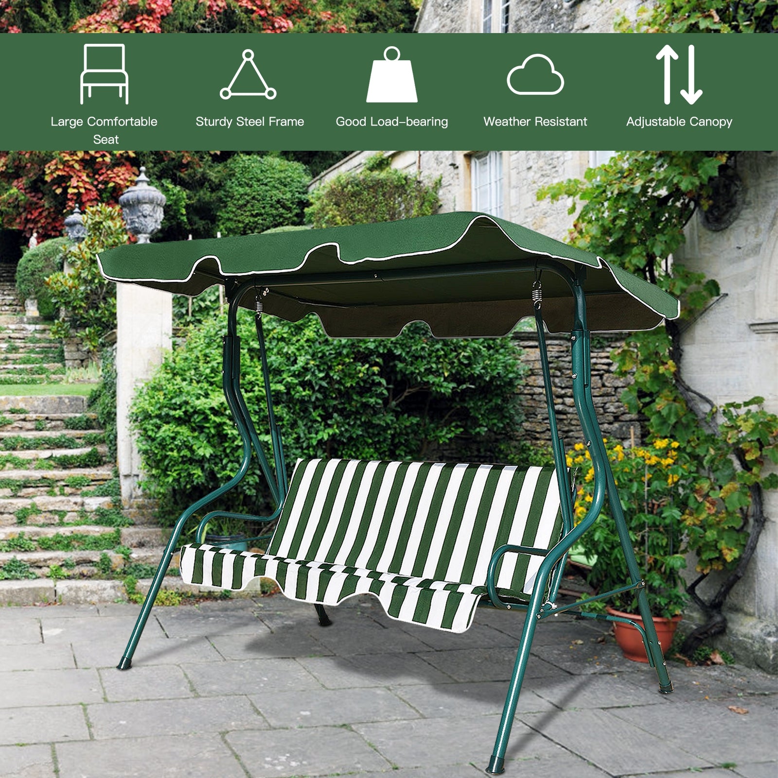3 Seats Patio Canopy Swing-GreenÂ