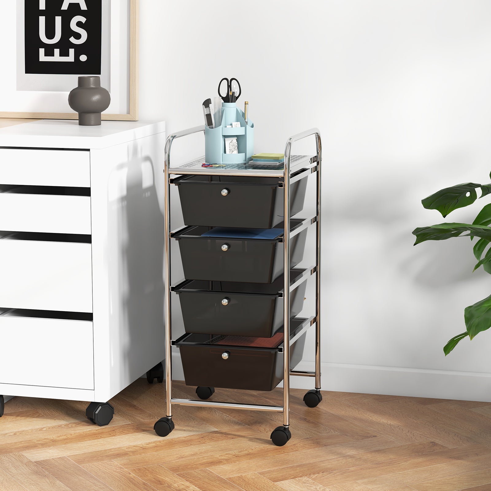4-Drawer Cart Storage Bin Organizer Rolling with Plastic Drawers-BlackÂ