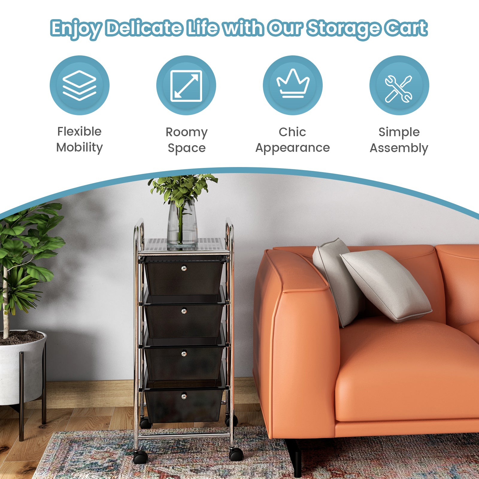 4-Drawer Cart Storage Bin Organizer Rolling with Plastic Drawers-BlackÂ