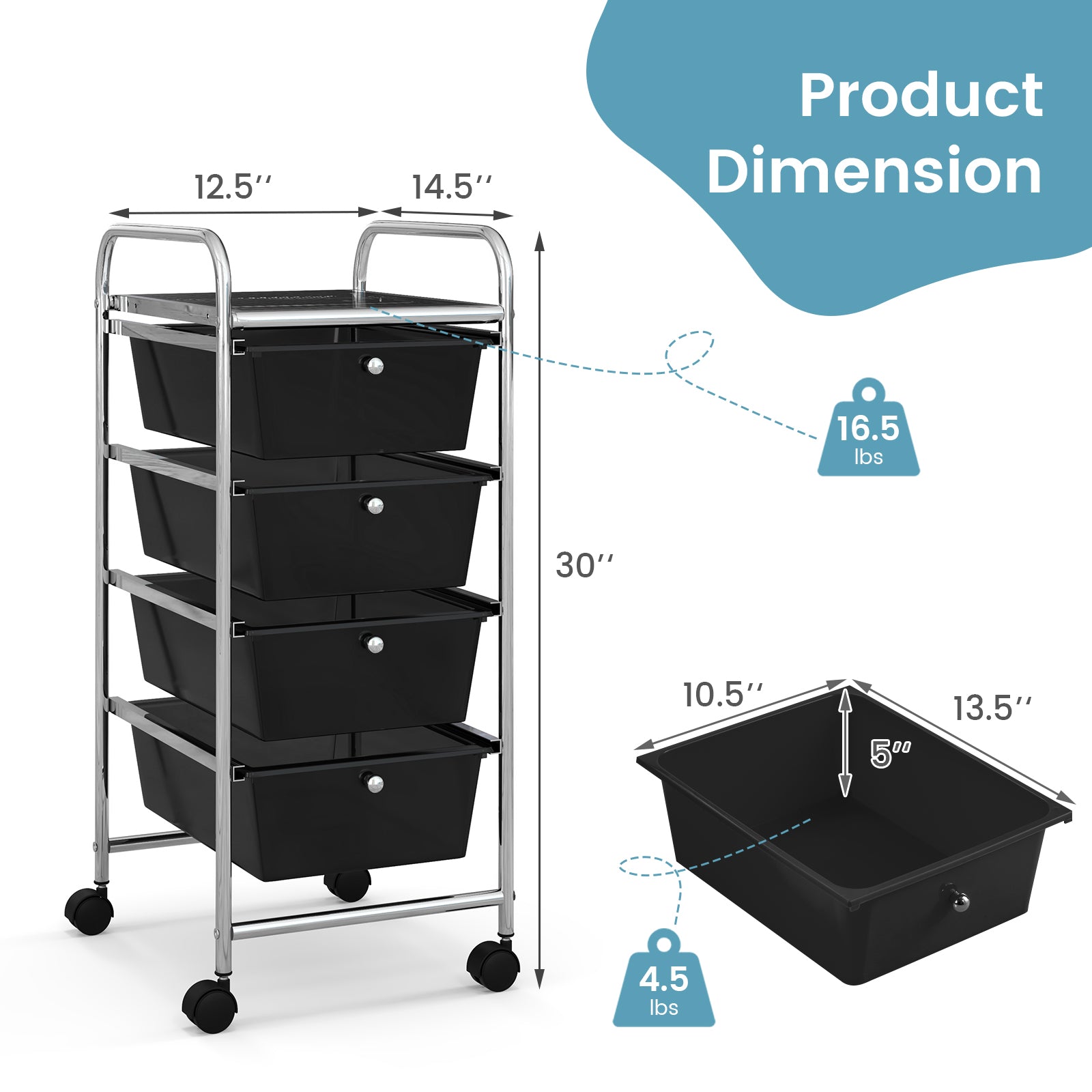 4-Drawer Cart Storage Bin Organizer Rolling with Plastic Drawers-BlackÂ