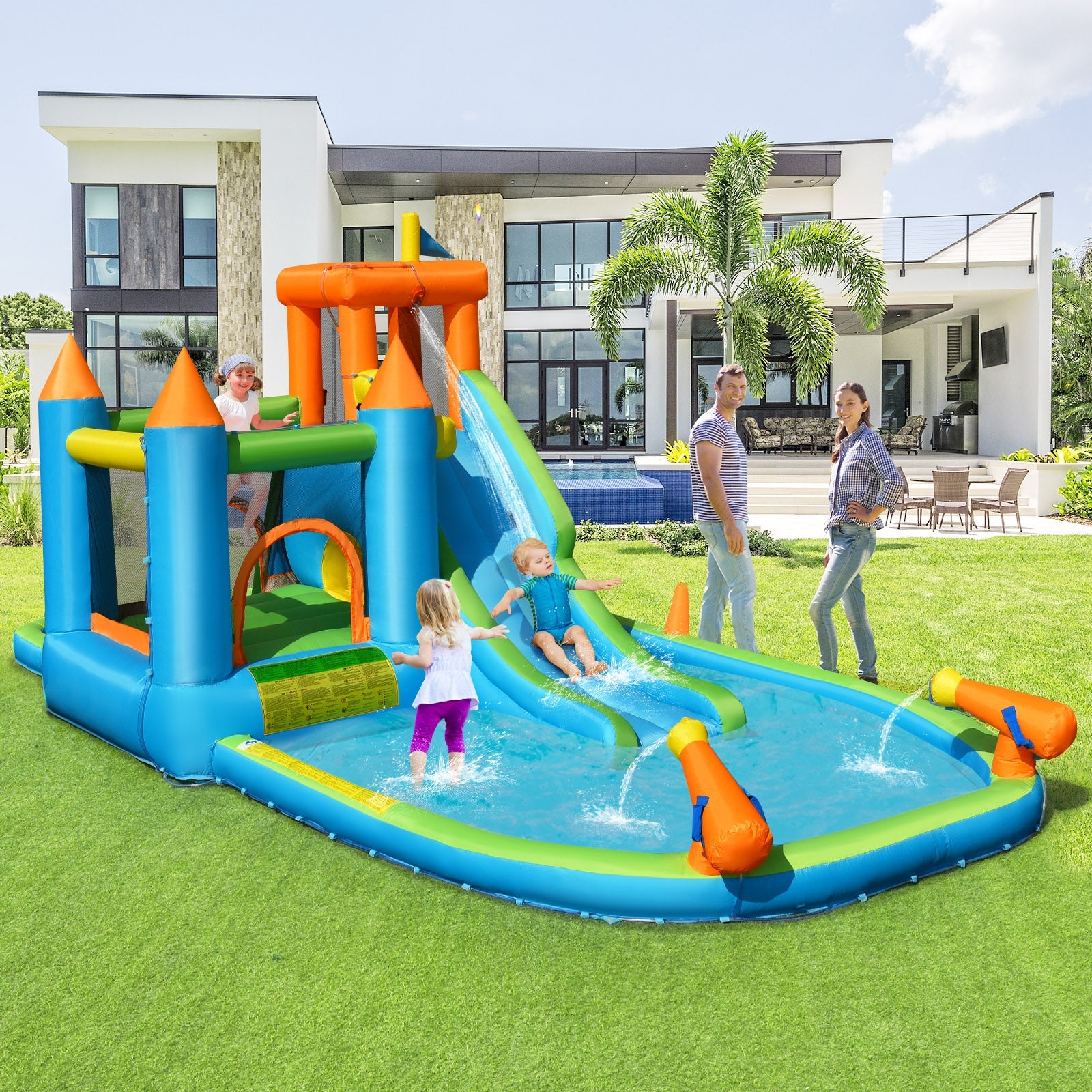 Inflatable Water Slide with Bounce House and Splash Pool without Blower for KidsÂ