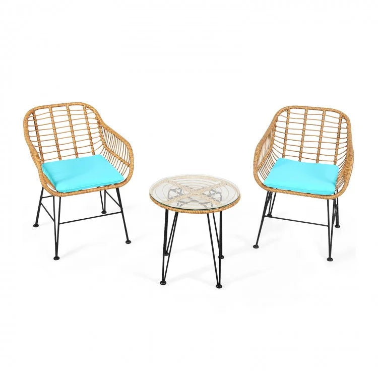 3-Piece Rattan Bistro Set with Cushioned Chairs & Glass Table