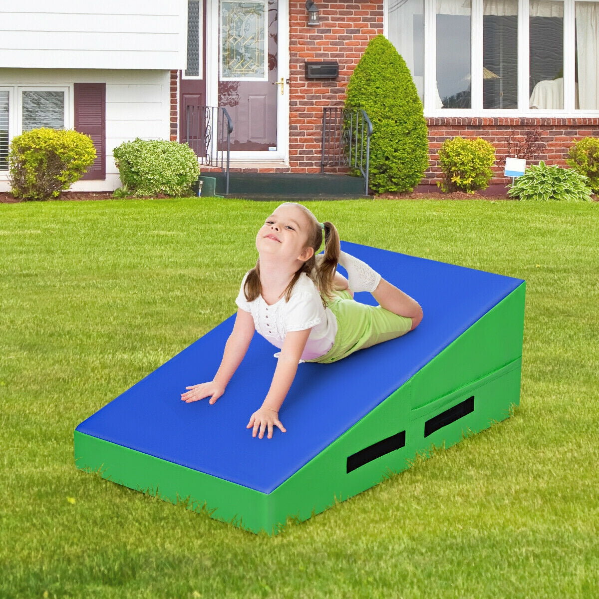 Incline Gymnastics Mat Wedge Ramp Gym Tumbling Exercise Mat-Blue & Green