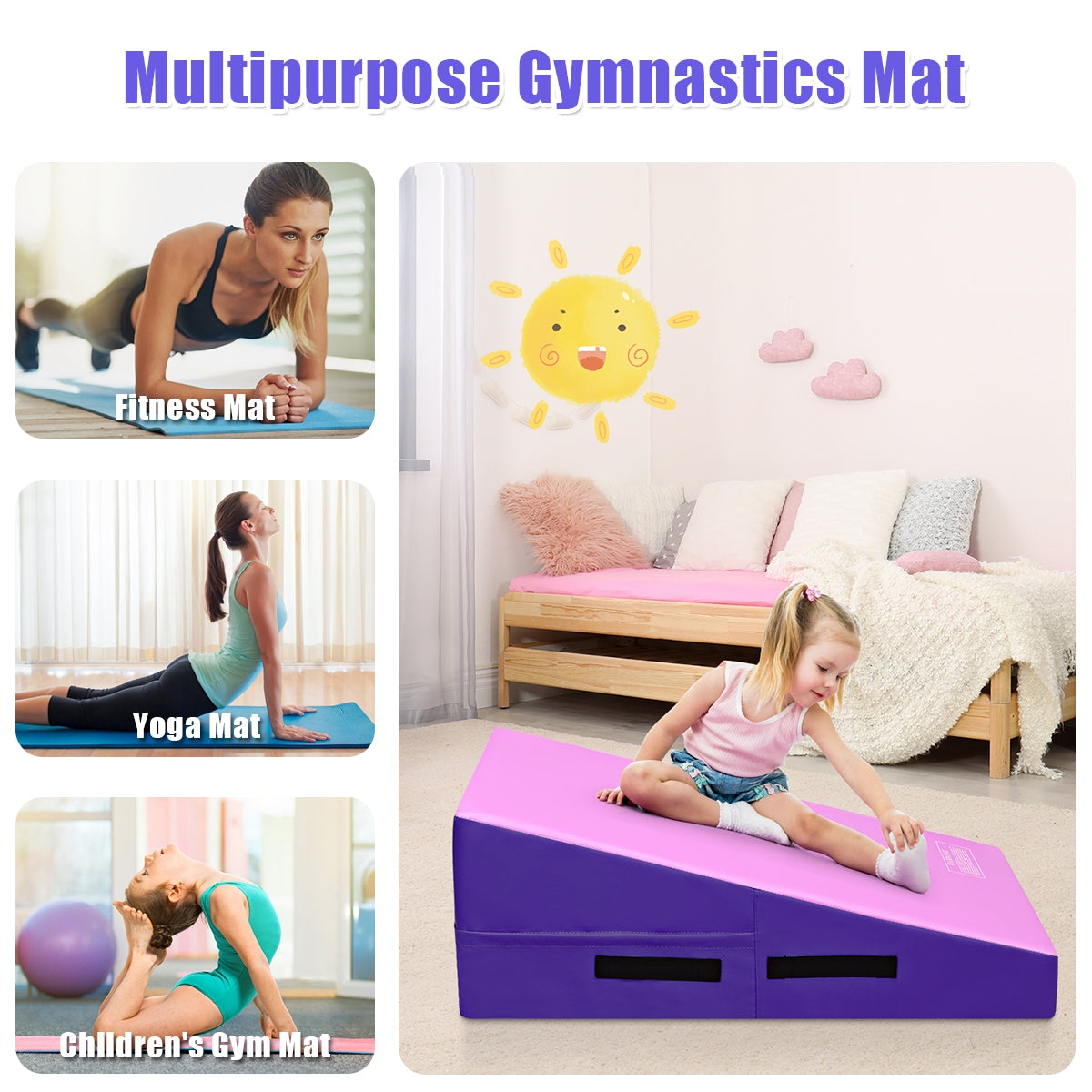 Incline Gymnastics Mat Wedge Ramp Gym Tumbling Exercise Mat-Pink&PurpleÂ