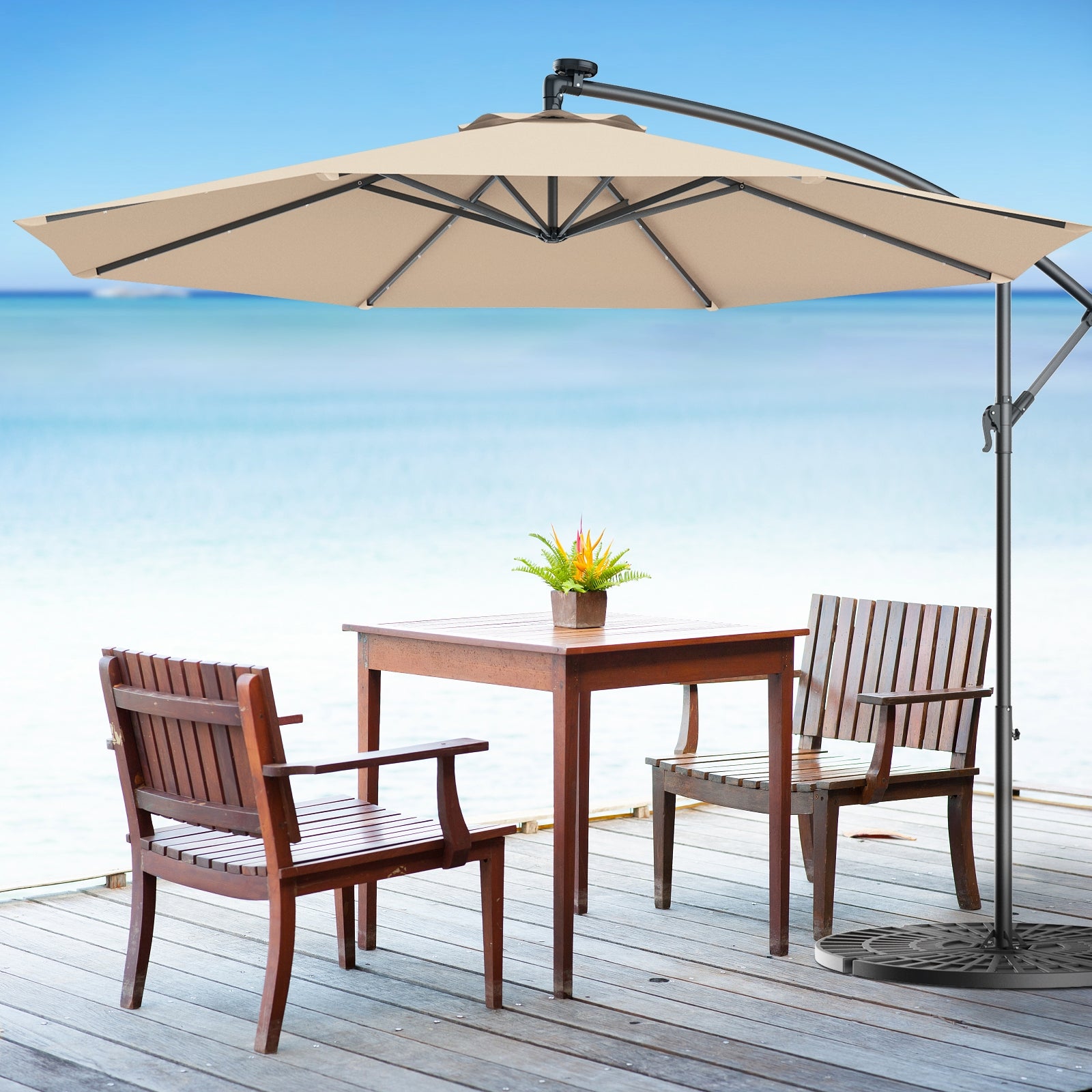 10 Feet Patio Hanging Solar LED Umbrella Sun Shade with Cross Base-BeigeÂ