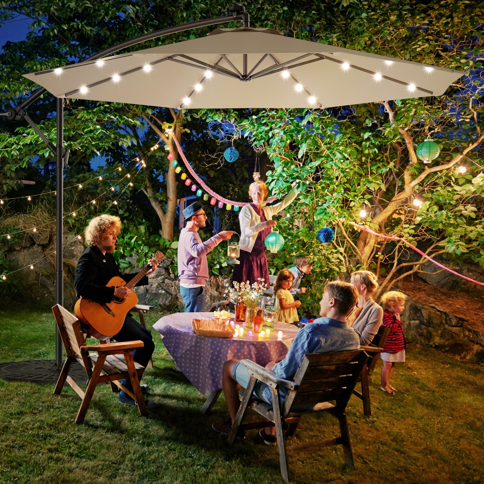 10 Feet Patio Hanging Solar LED Umbrella Sun Shade with Cross Base-BeigeÂ