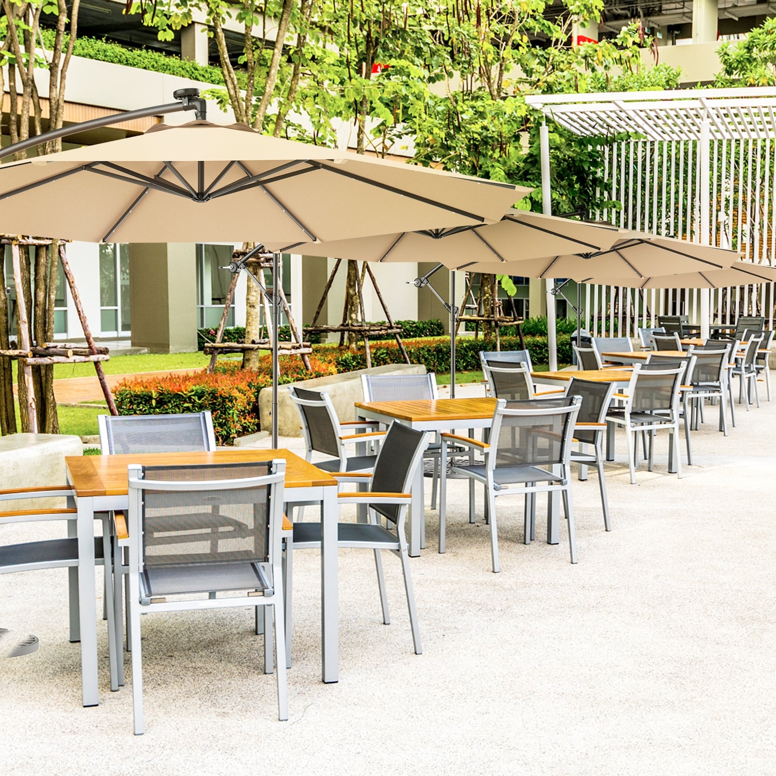 10 Feet Patio Hanging Solar LED Umbrella Sun Shade with Cross Base-BeigeÂ