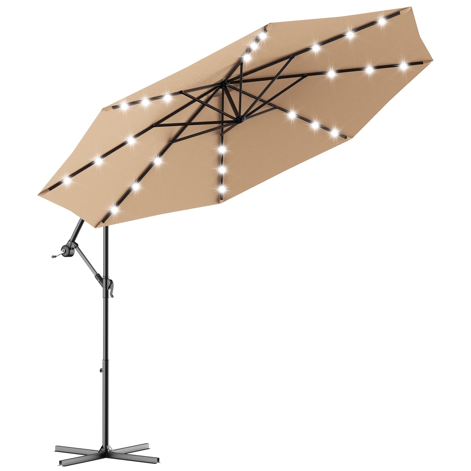10 Feet Patio Hanging Solar LED Umbrella Sun Shade with Cross Base-BeigeÂ
