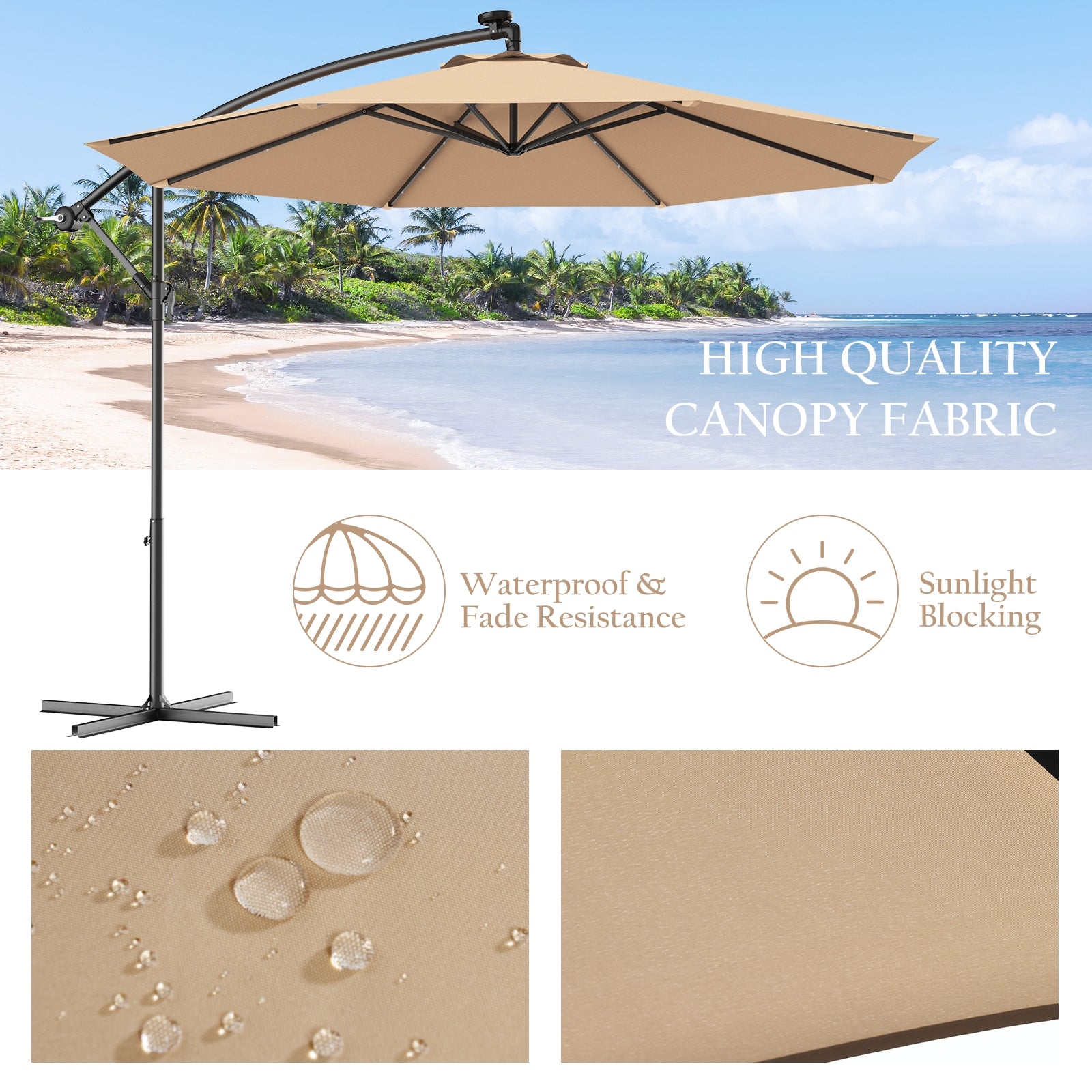 10 Feet Patio Hanging Solar LED Umbrella Sun Shade with Cross Base-BeigeÂ