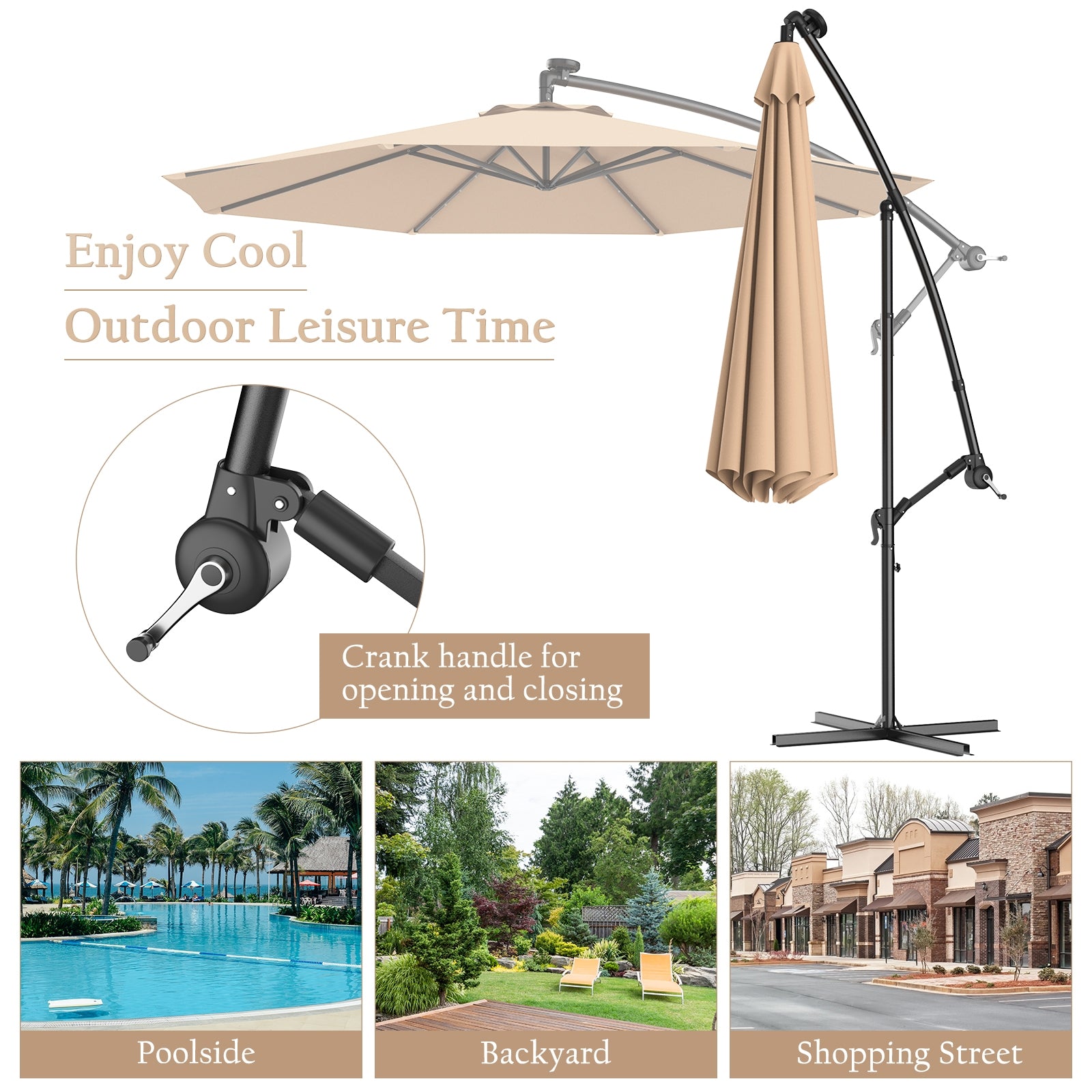 10 Feet Patio Hanging Solar LED Umbrella Sun Shade with Cross Base-BeigeÂ