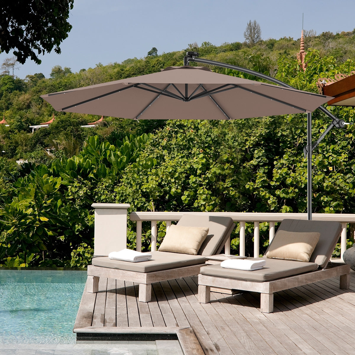 10 Feet Patio Hanging Solar LED Umbrella Sun Shade with Cross Base-TanÂ
