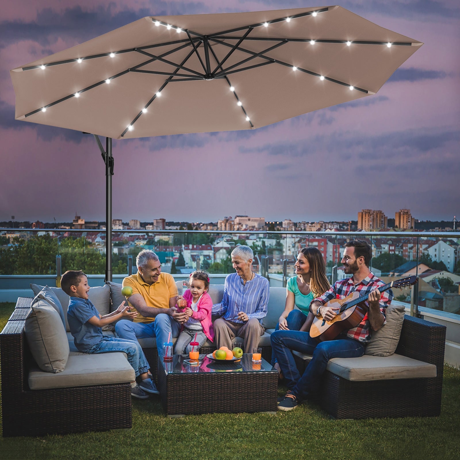 10 Feet Patio Hanging Solar LED Umbrella Sun Shade with Cross Base-TanÂ