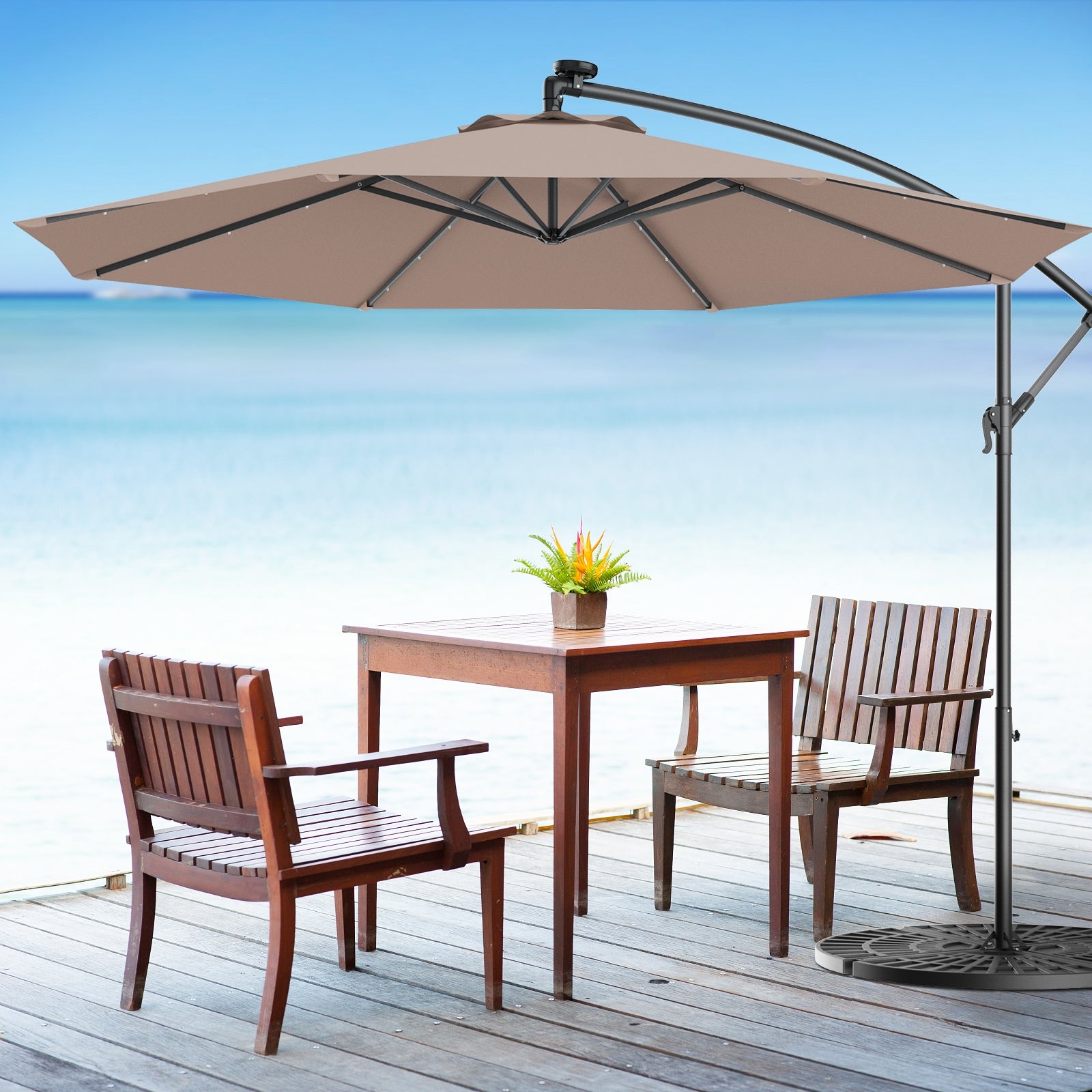 10 Feet Patio Hanging Solar LED Umbrella Sun Shade with Cross Base-TanÂ