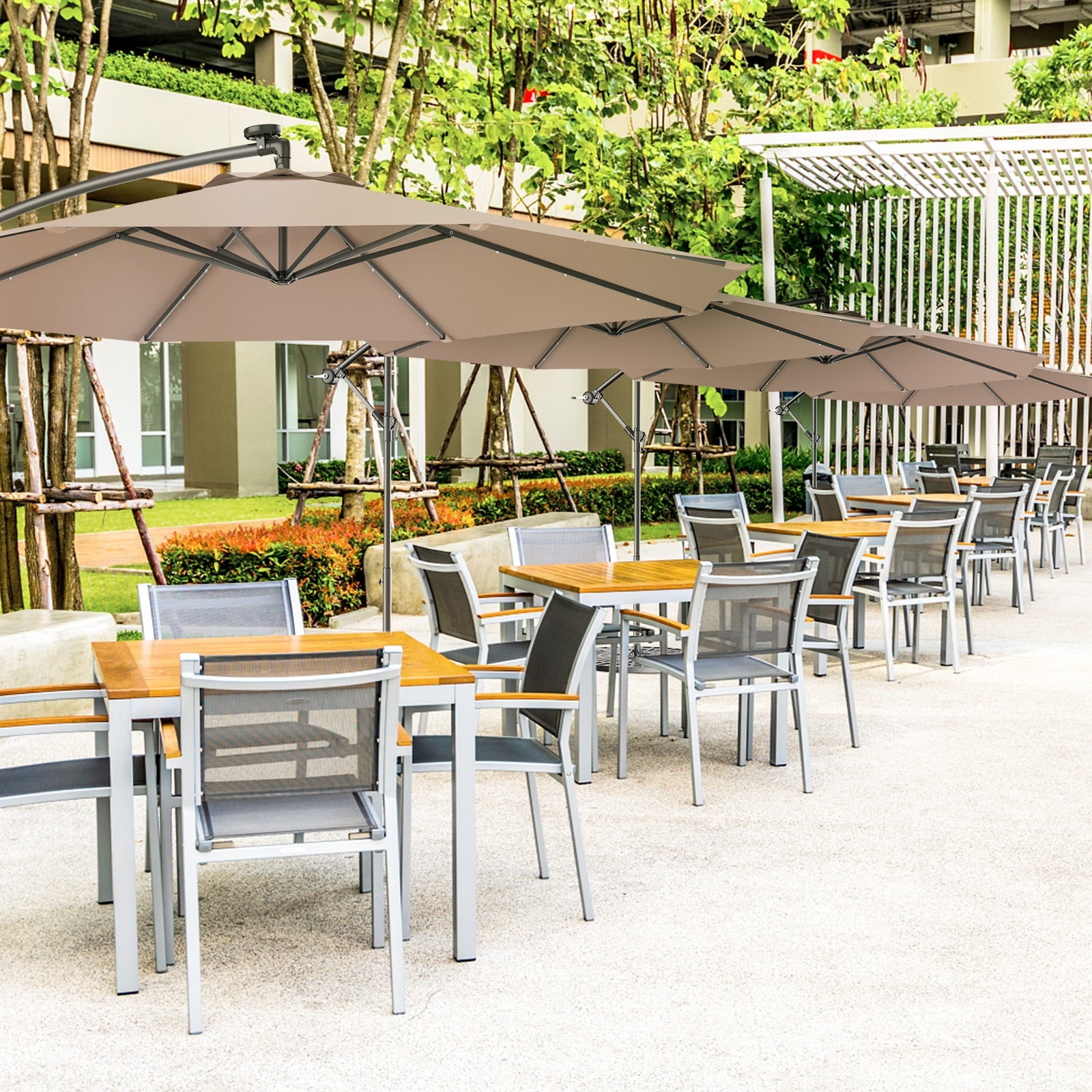 10 Feet Patio Hanging Solar LED Umbrella Sun Shade with Cross Base-TanÂ