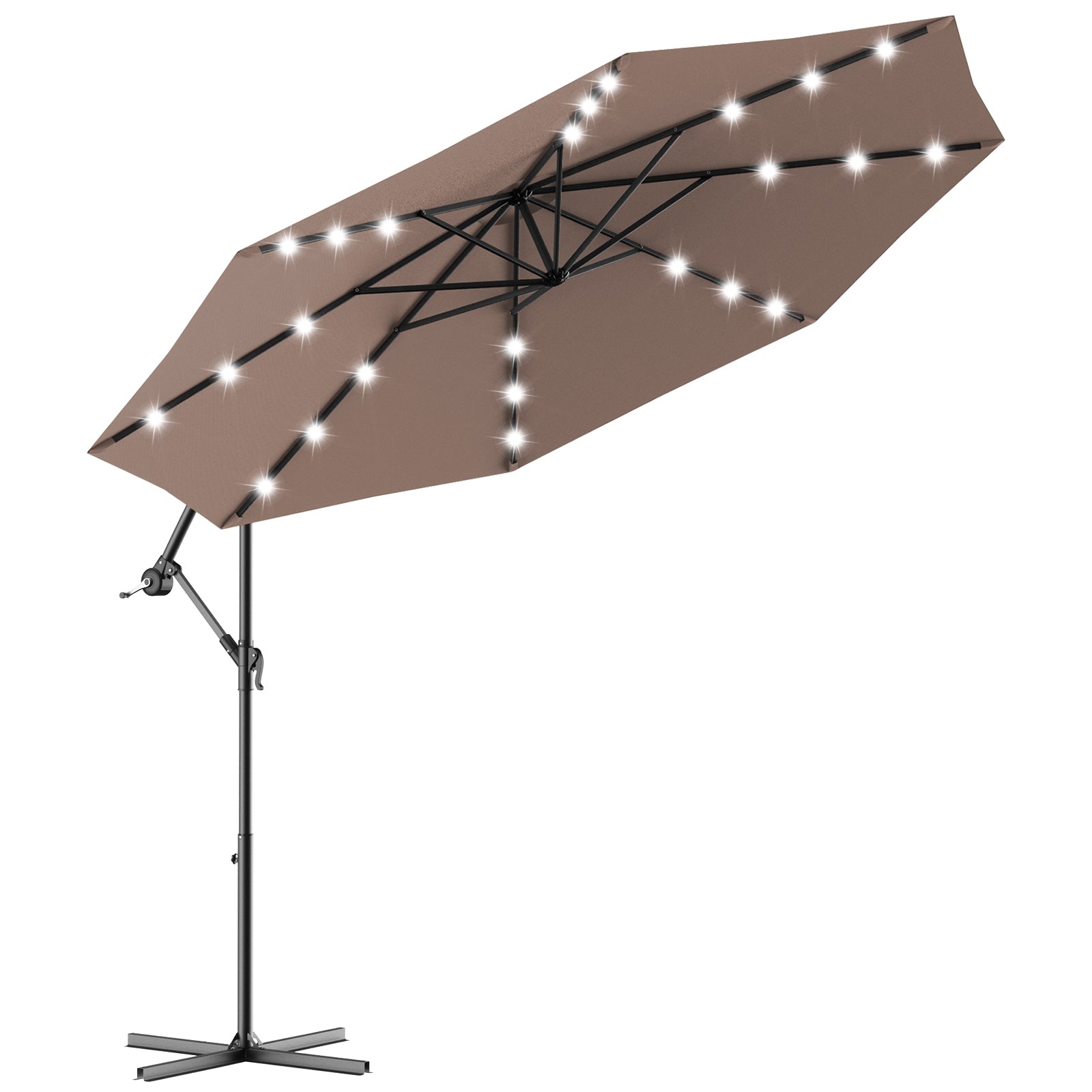 10 Feet Patio Hanging Solar LED Umbrella Sun Shade with Cross Base-TanÂ