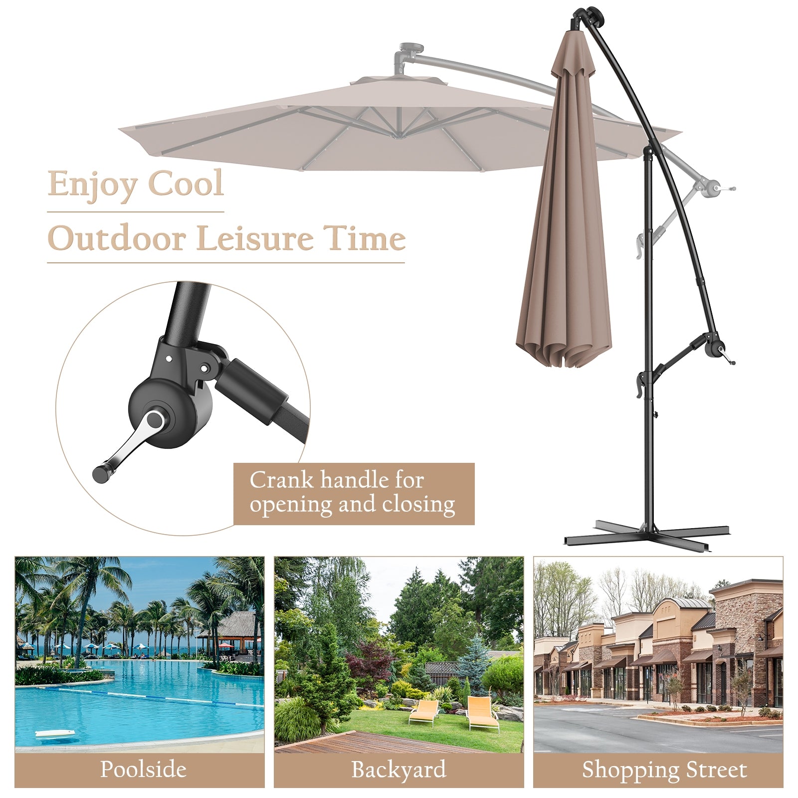 10 Feet Patio Hanging Solar LED Umbrella Sun Shade with Cross Base-TanÂ