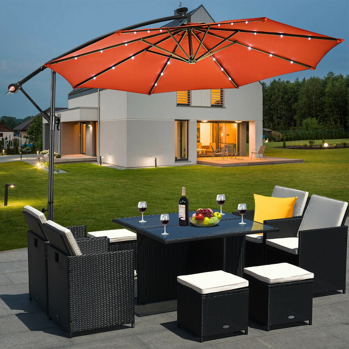 10" Patio Hanging Solar LED Umbrella Sun Shade with Cross Base-OrangeÂ