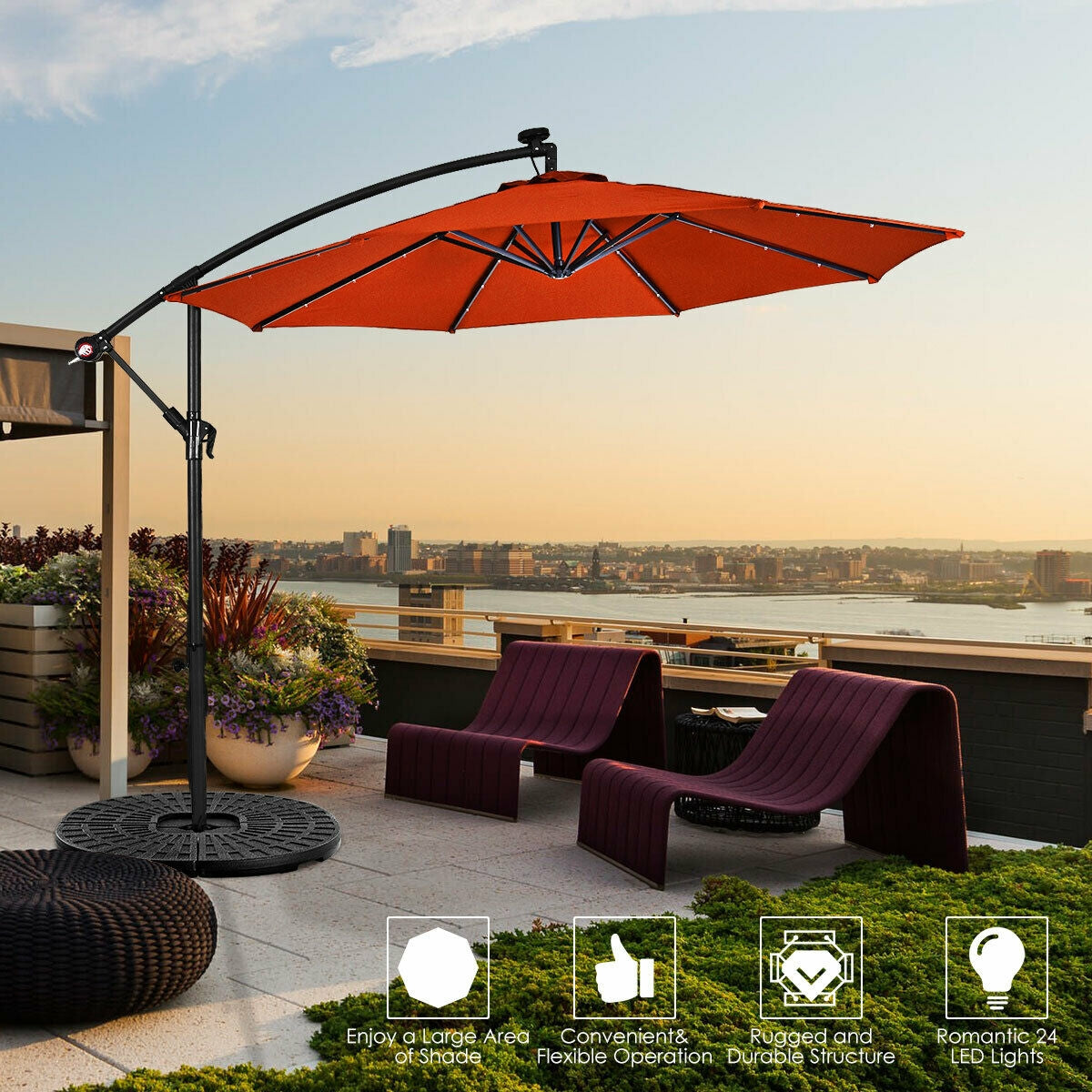 10" Patio Hanging Solar LED Umbrella Sun Shade with Cross Base-OrangeÂ