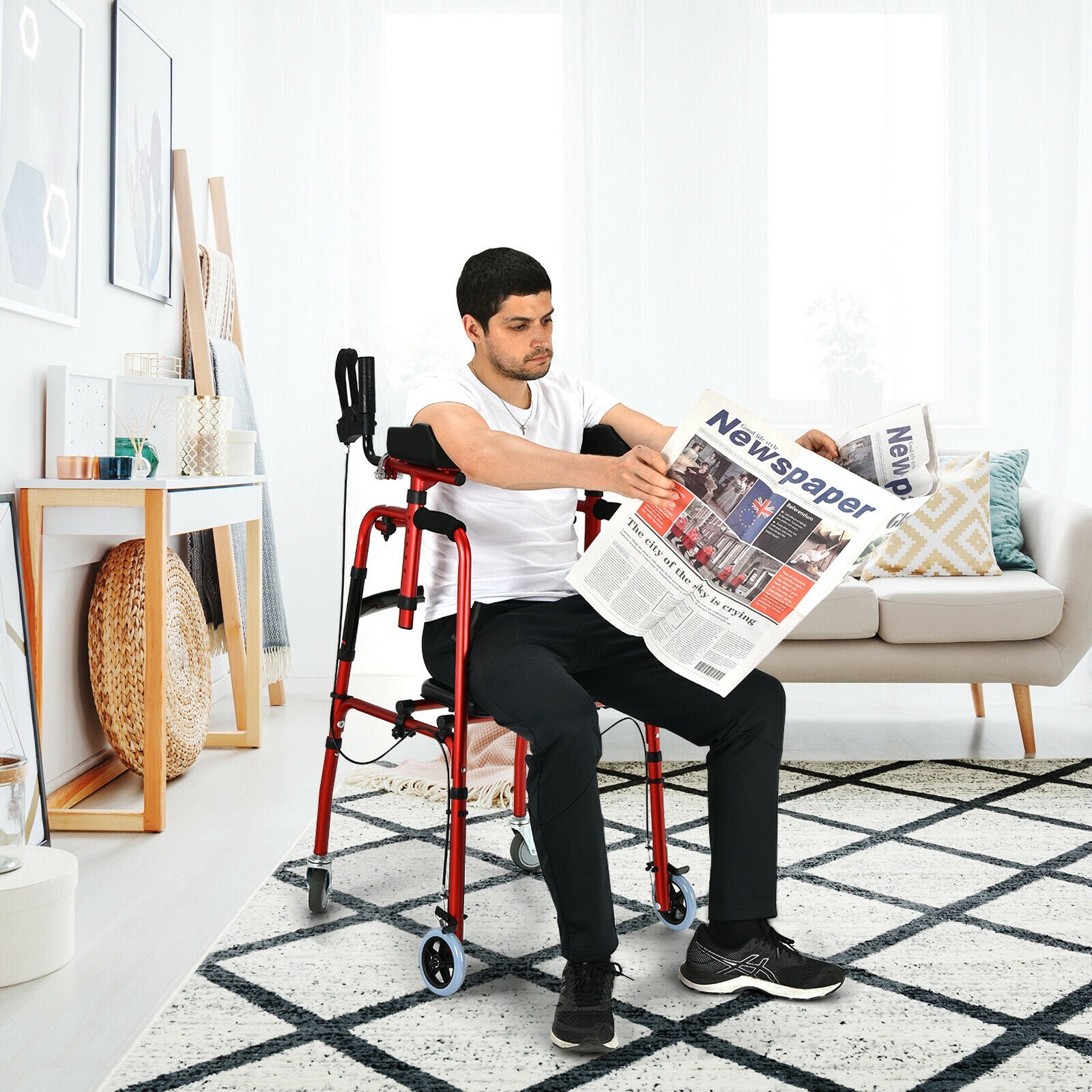 Folding Auxiliary Walker Rollator with Brakes Flip-Up Seat Bag Multifunction-RedÂ