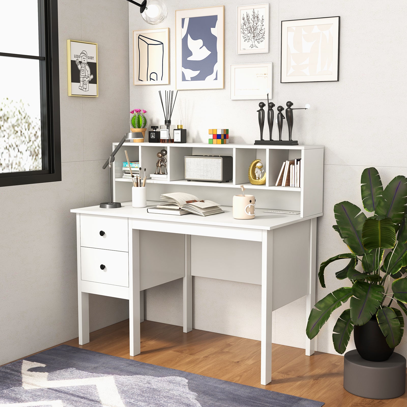 48 Inch Computer Desk with Drawers Power Outlets and 5-Cubby HutchÂ