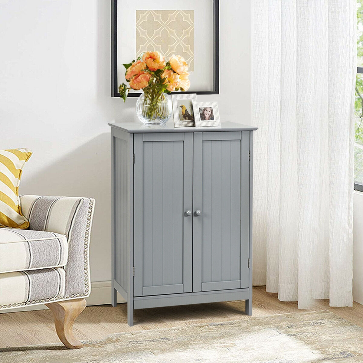 Bathroom Floor Storage Double Door Cupboard Cabinet-GrayÂ