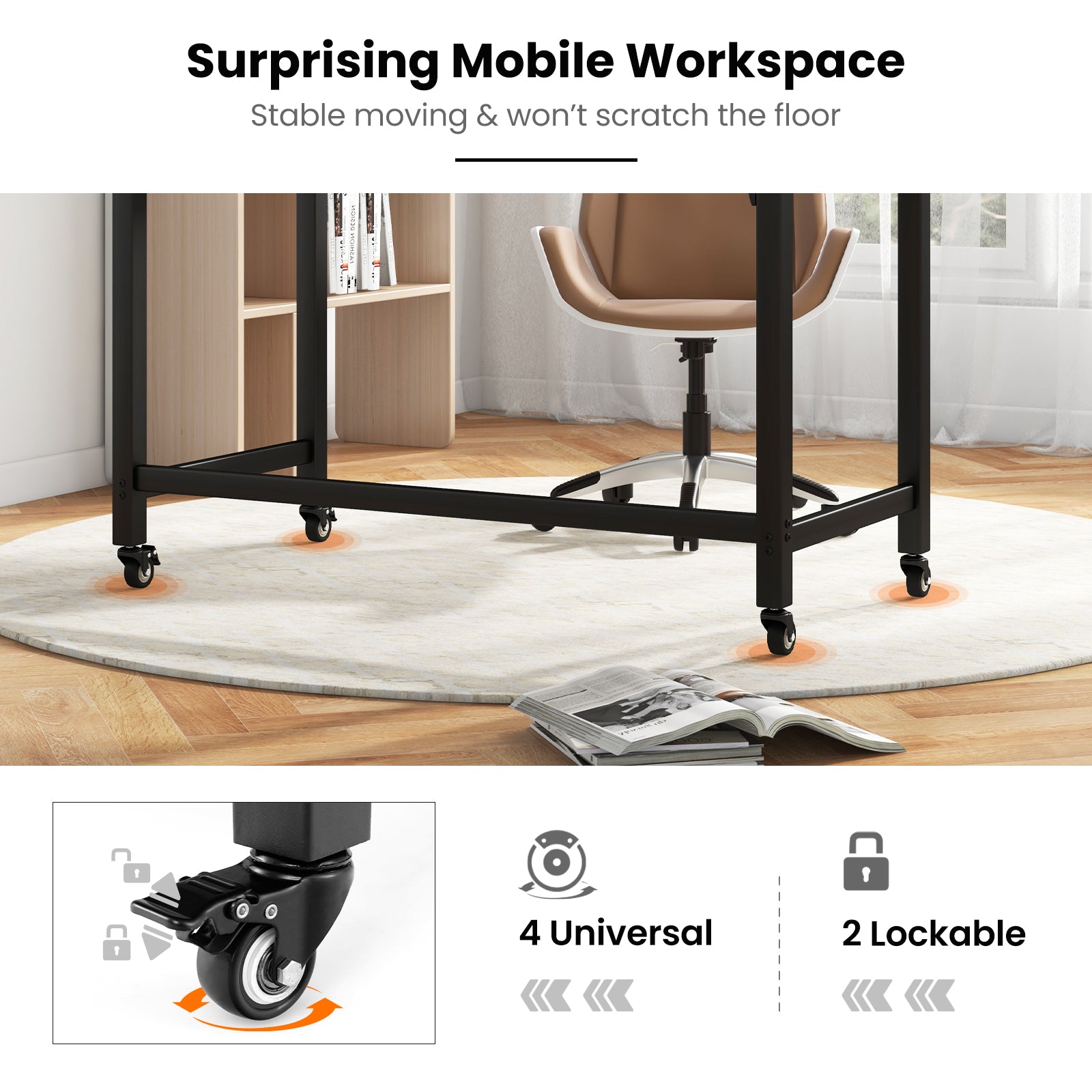 48" Rolling Computer Desk with Heavy-duty Metal Frame for Home and Office-NaturalÂ