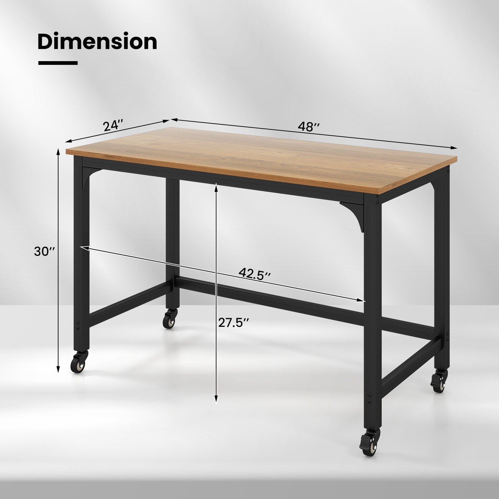48" Rolling Computer Desk with Heavy-duty Metal Frame for Home and Office-NaturalÂ