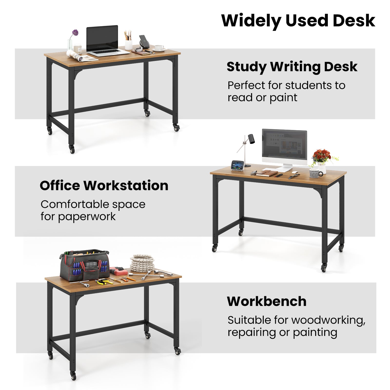 48" Rolling Computer Desk with Heavy-duty Metal Frame for Home and Office-NaturalÂ