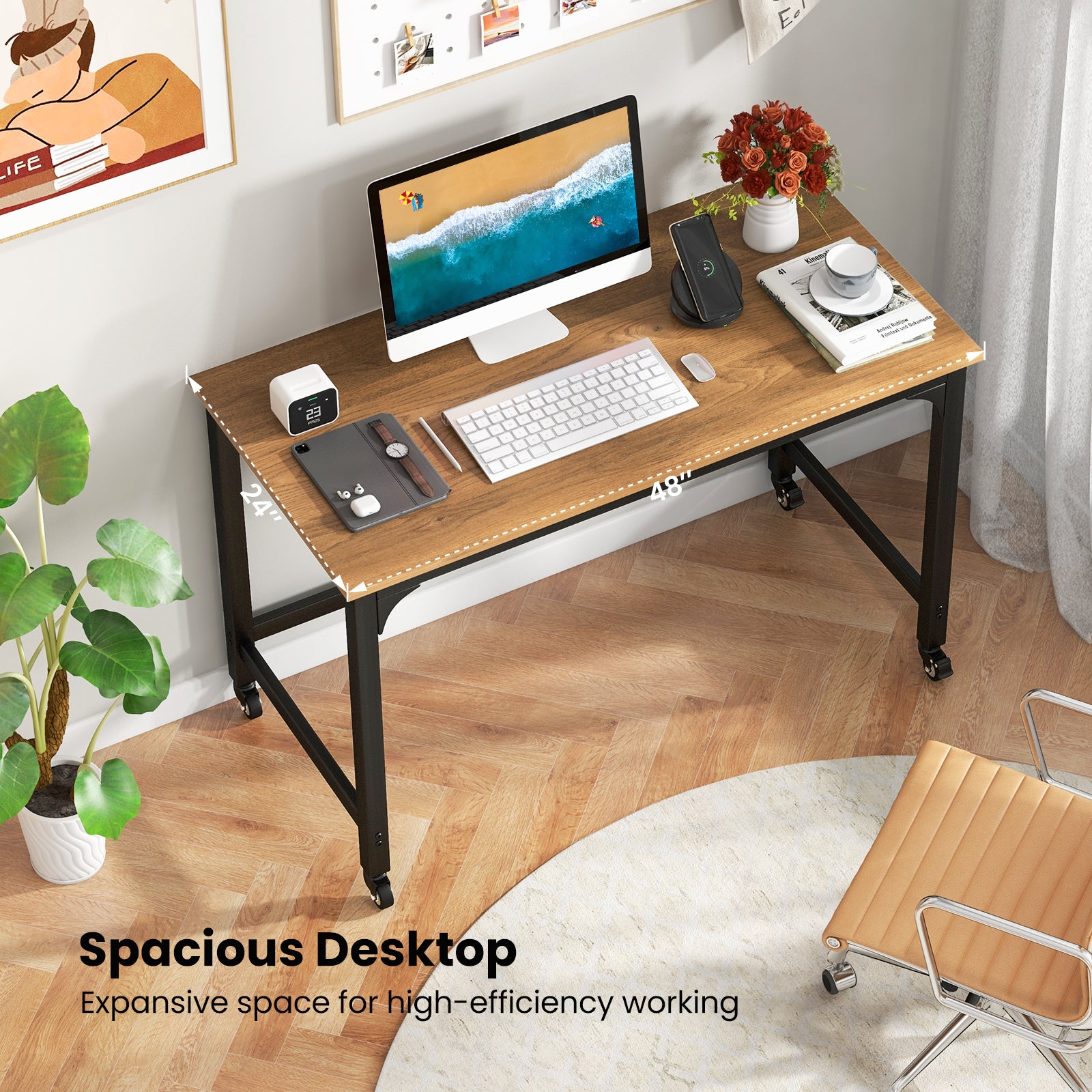48" Rolling Computer Desk with Heavy-duty Metal Frame for Home and Office-NaturalÂ